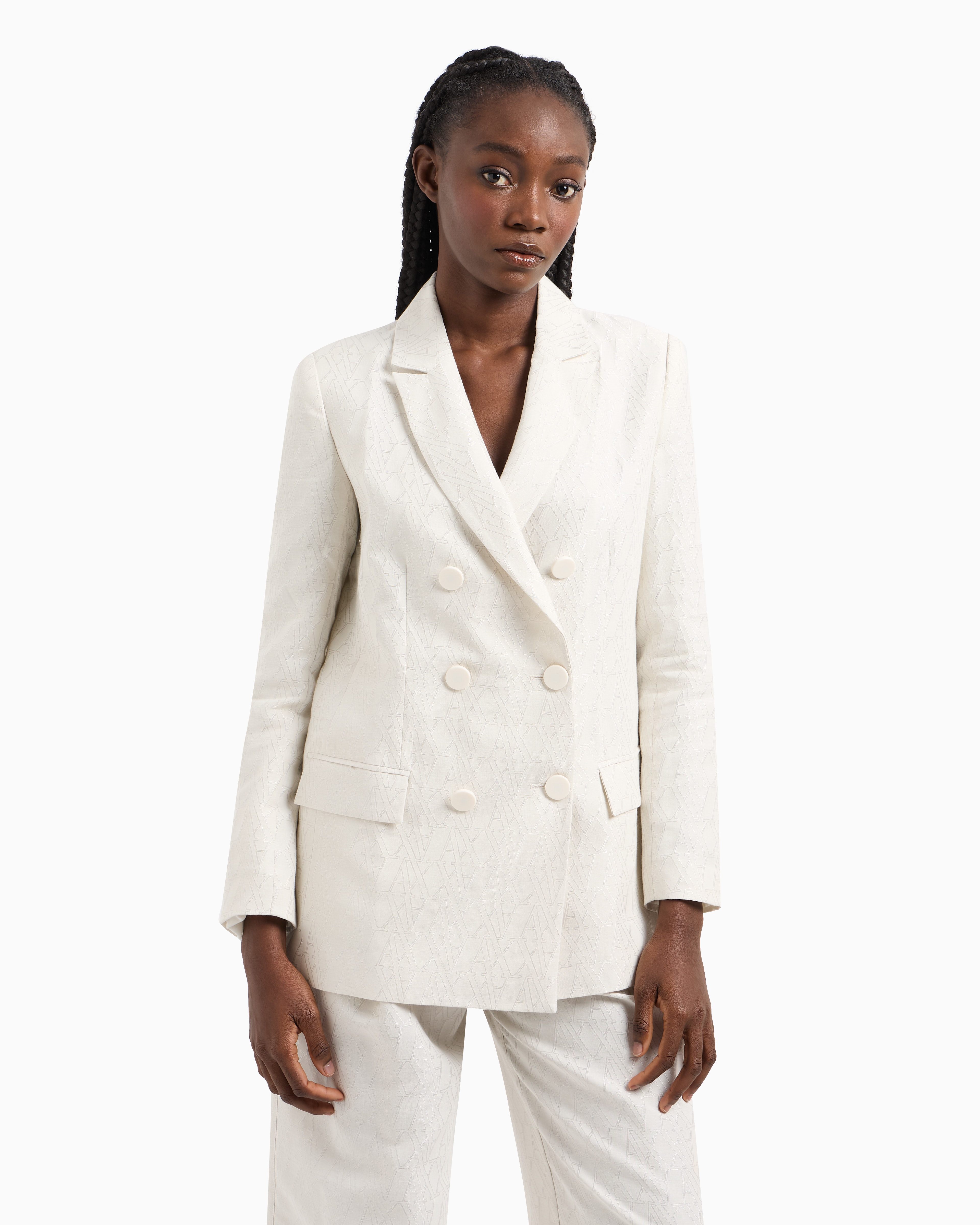 Armani Exchange - Double-breasted jacket in fabric with allover logo, Woman, White, Size: 4