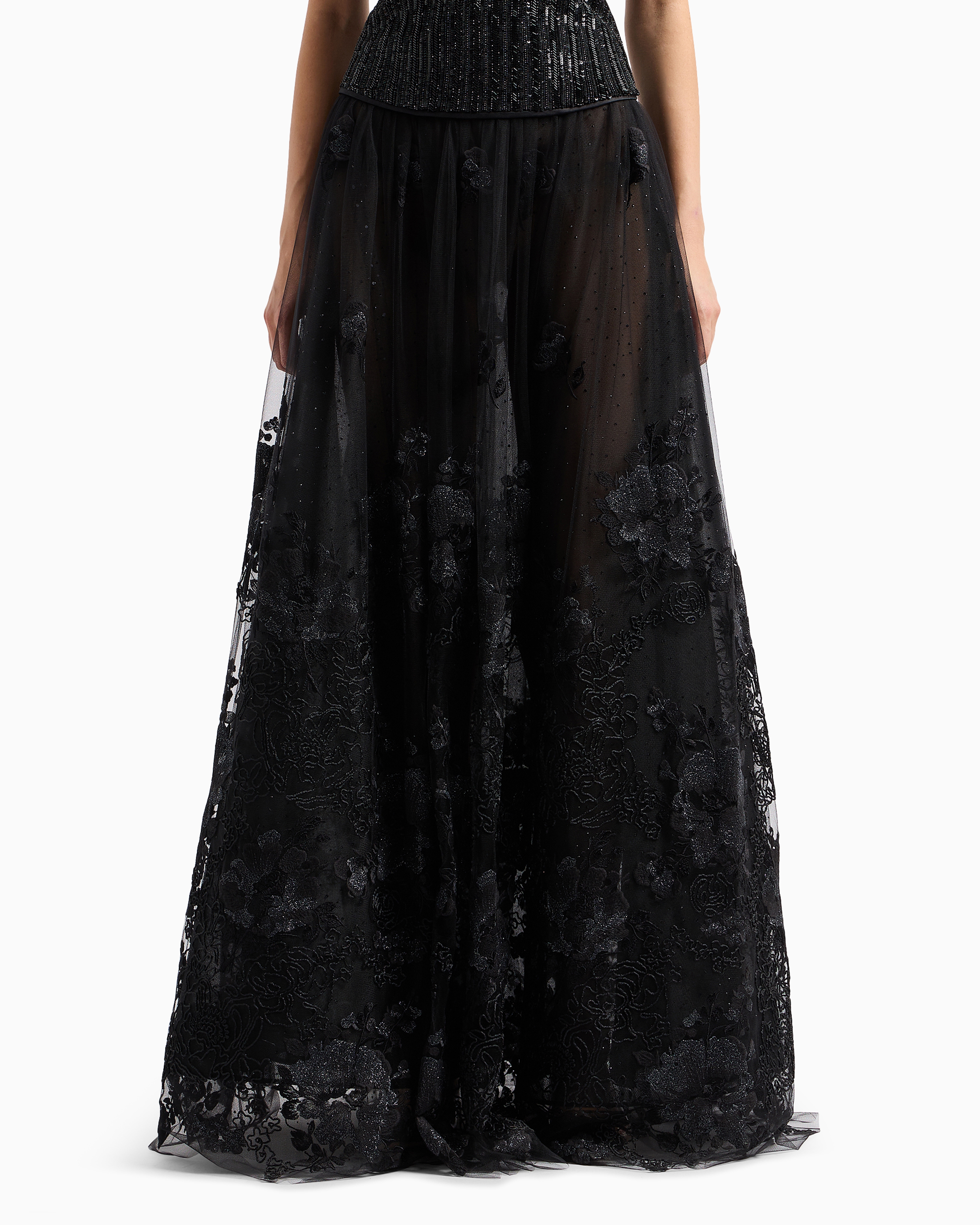 Giorgio Armani Long Skirt In Tulle And Embroidered Lace In Black