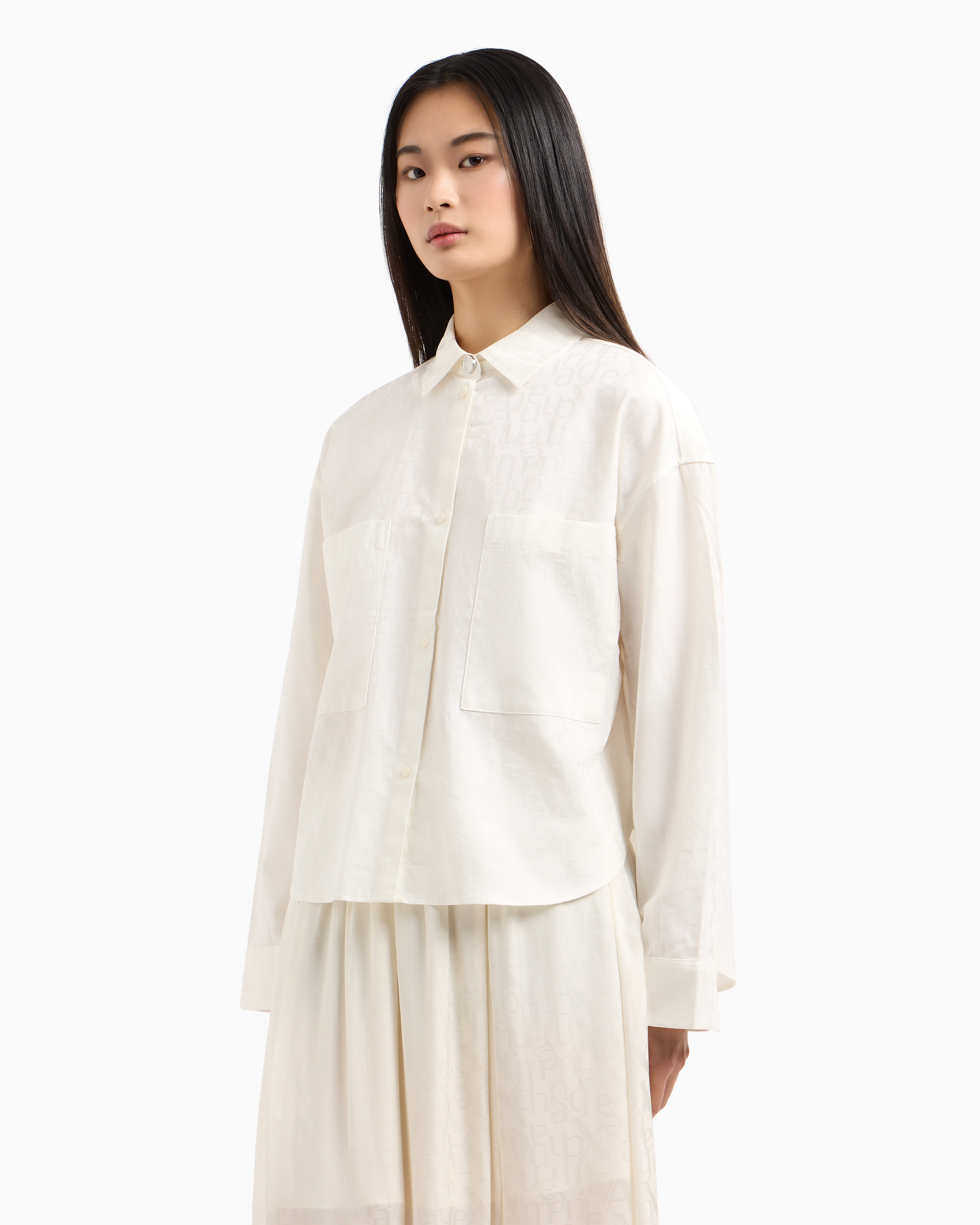 Armani Exchange - Cropped shirt in cotton jacquard with logo, Woman, White, Size: L