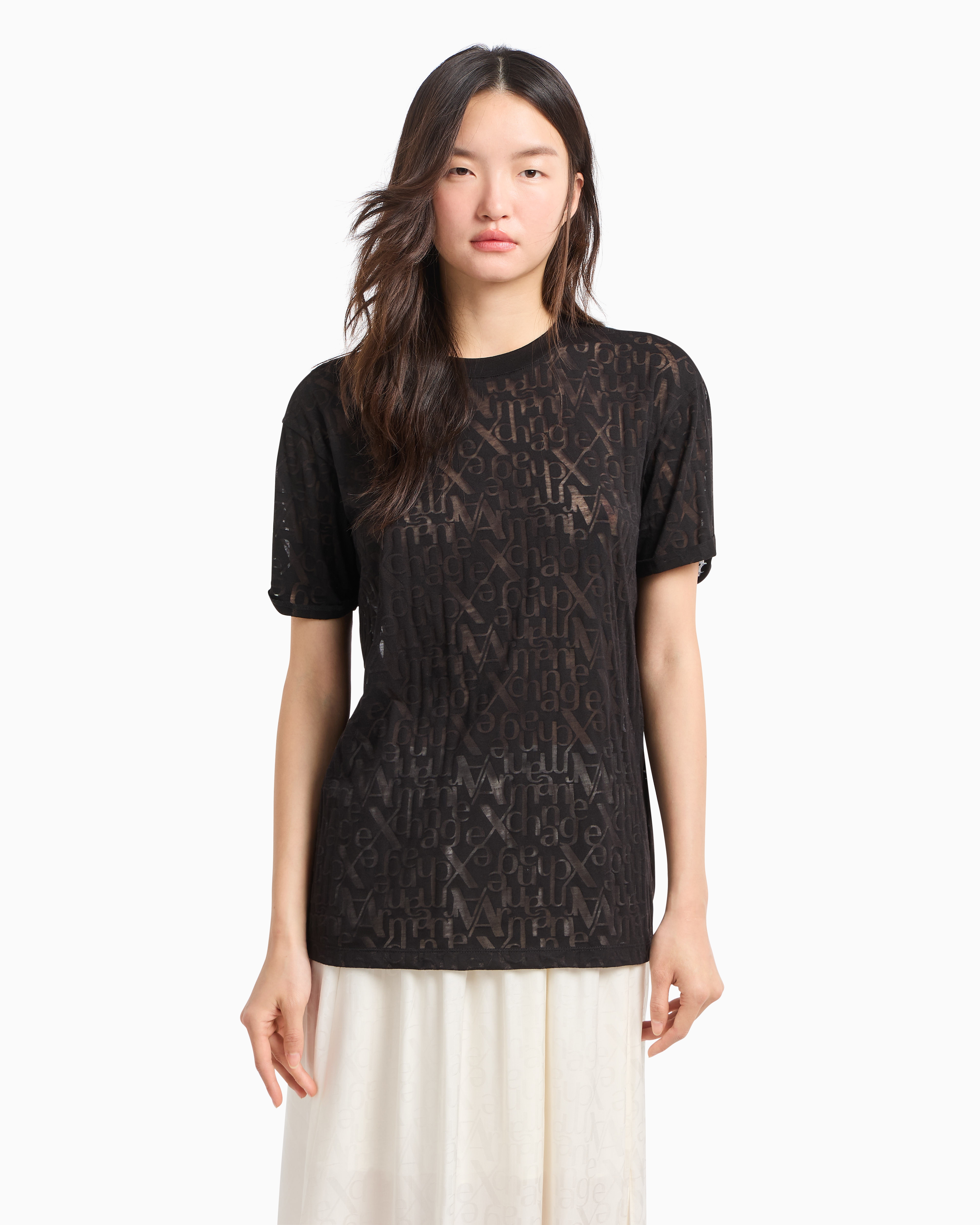 Armani Exchange -  Relaxed fit T-shirt flamed fabric with logo, Woman, Black, Size: