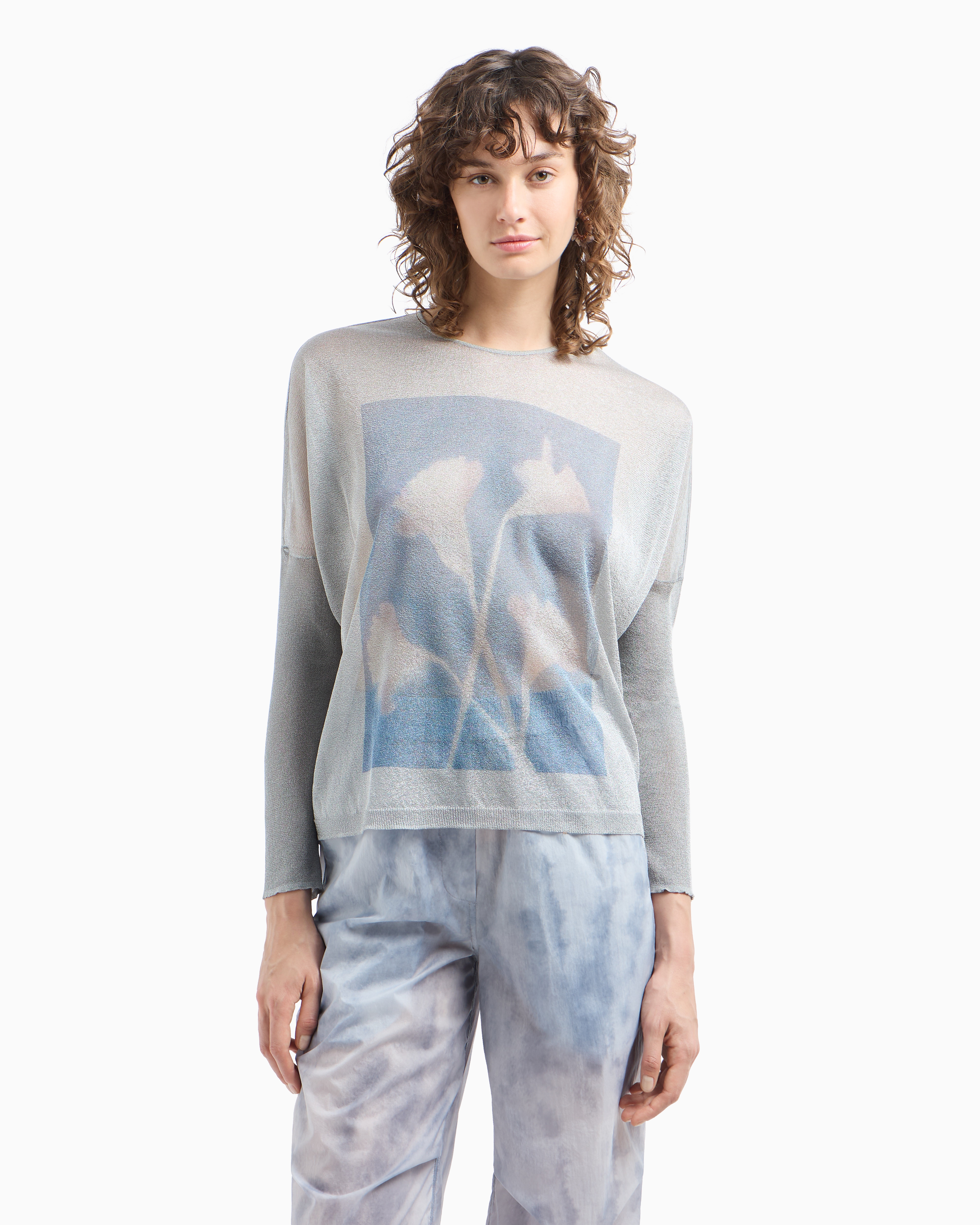 Emporio Armani Semi Sheer Sweater With Floral Print In Gray