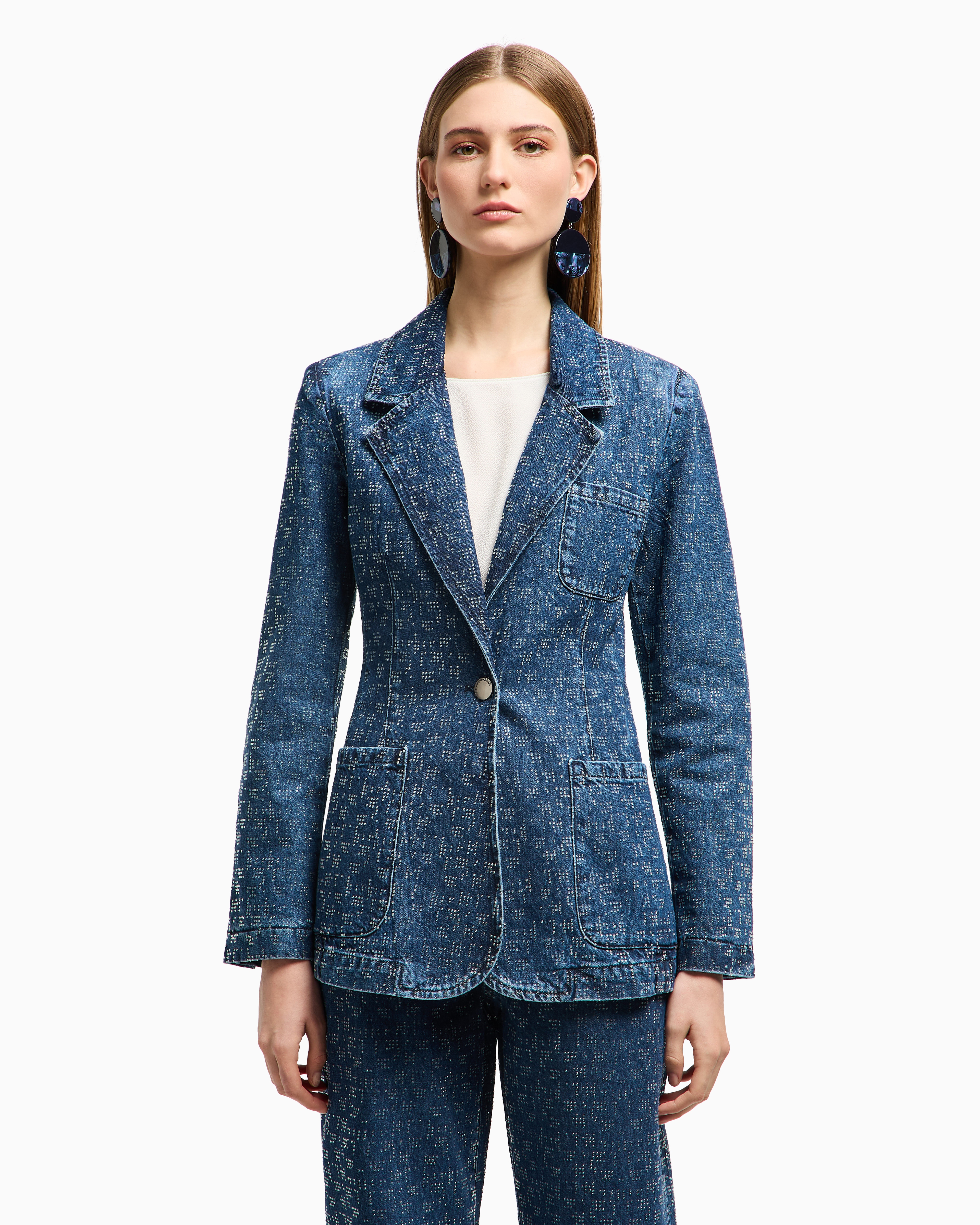 アウターその他 EMPORIO ARMANI Woman Blazer Navy Denim blazer with all-over rhinestones | Emporio Armani