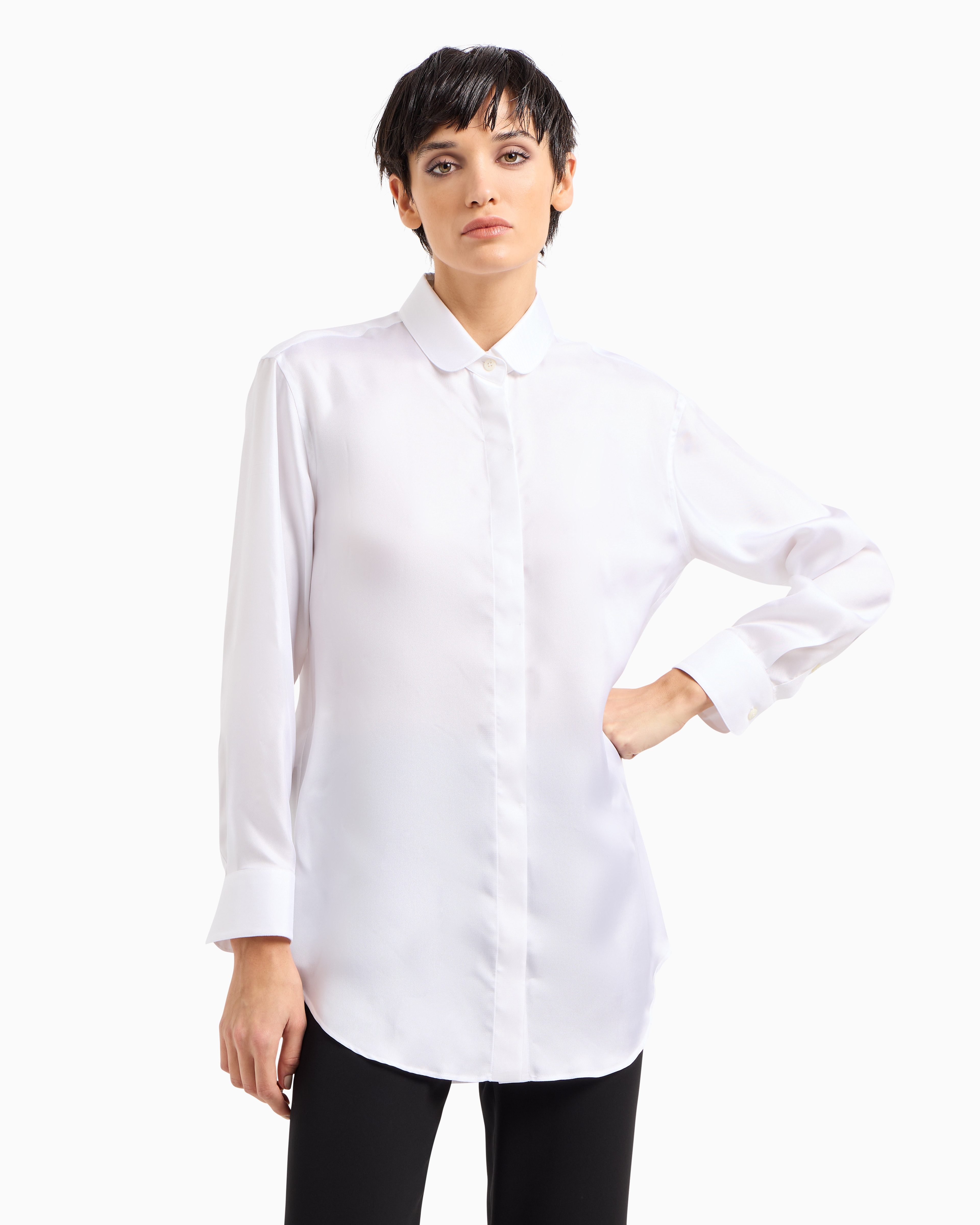 【新season】GIORGIOARMANI シルク シェブロン Tシャツ 160]サテンアップリケカレッジロゴロンT(カットソー・Tシャツ