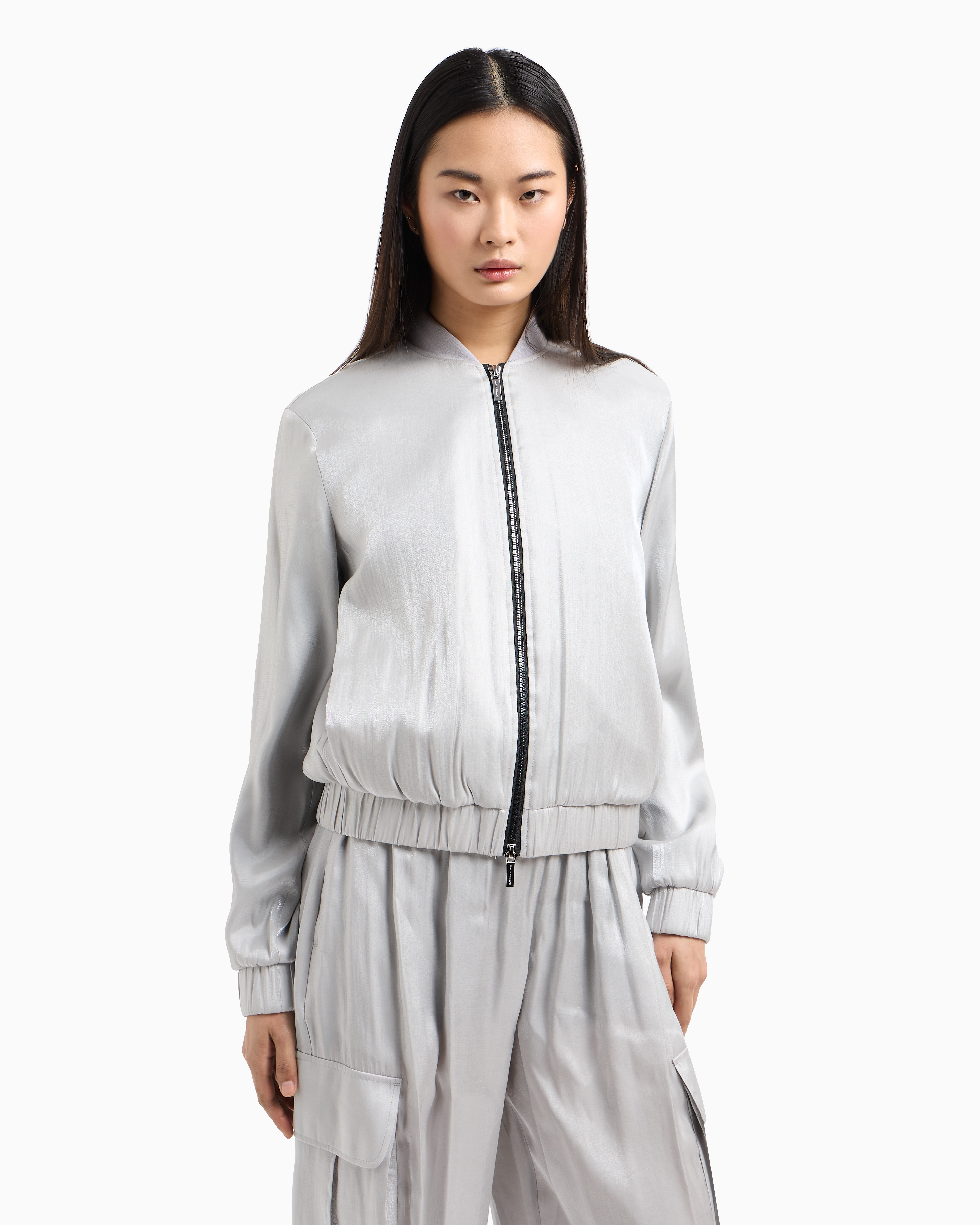 Armani Exchange - Bomber jacket glitter satin fabric, Woman, Silver, Size: