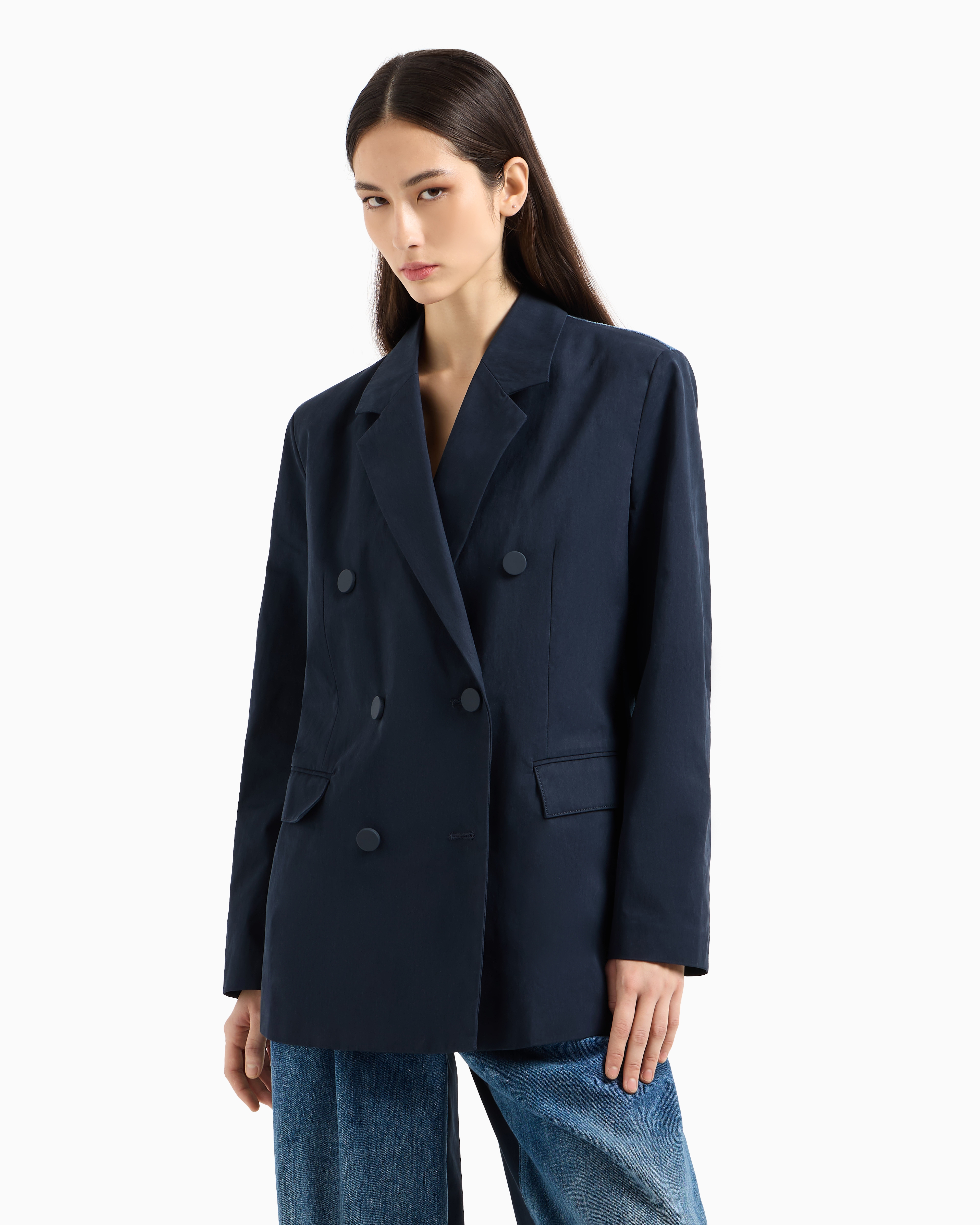 Armani Exchange - Double-breasted denim and twill jacket, Woman, Blue, Size: 4