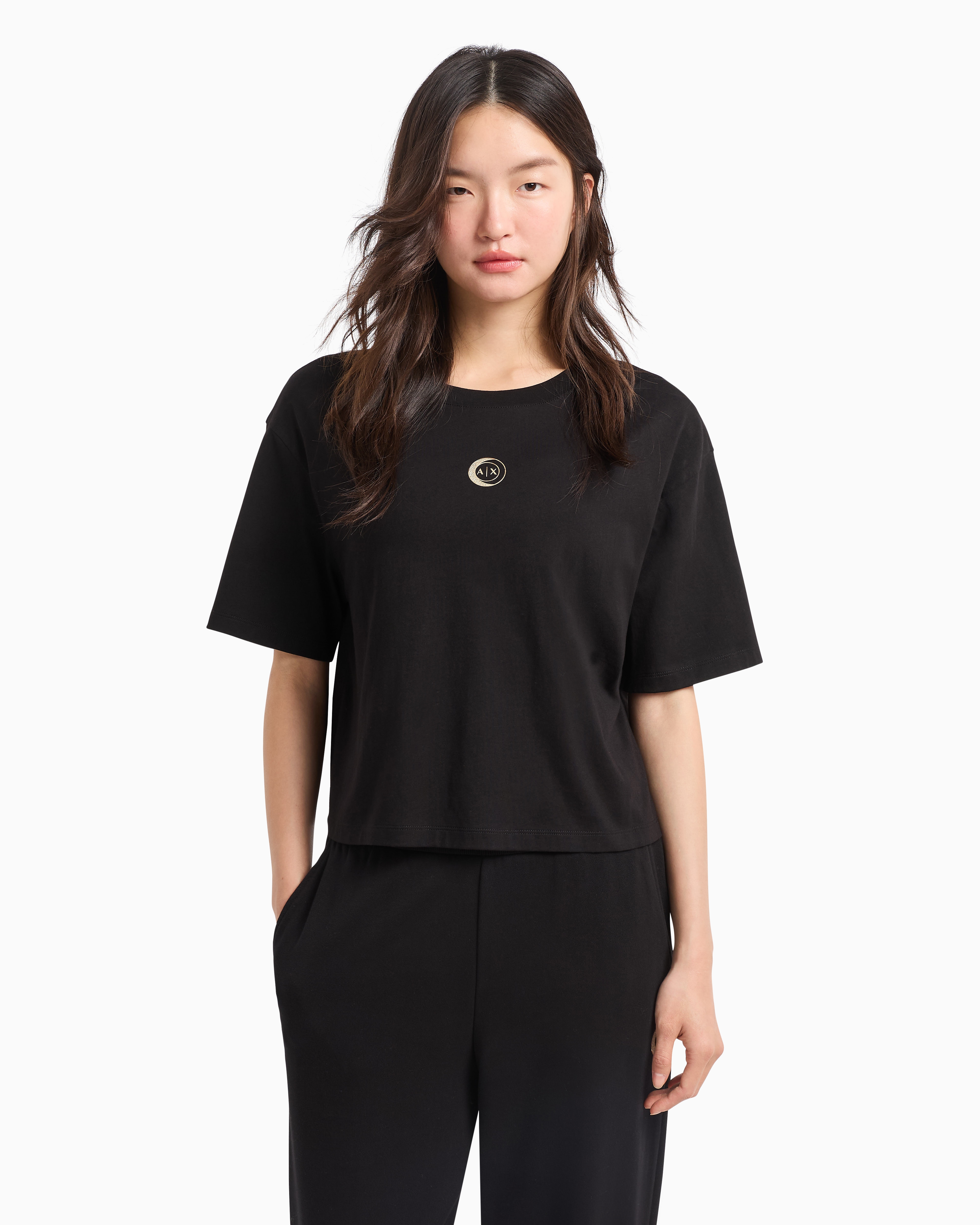Armani Exchange - Cropped jersey T-shirt with metal logo, Woman, Black, Size: