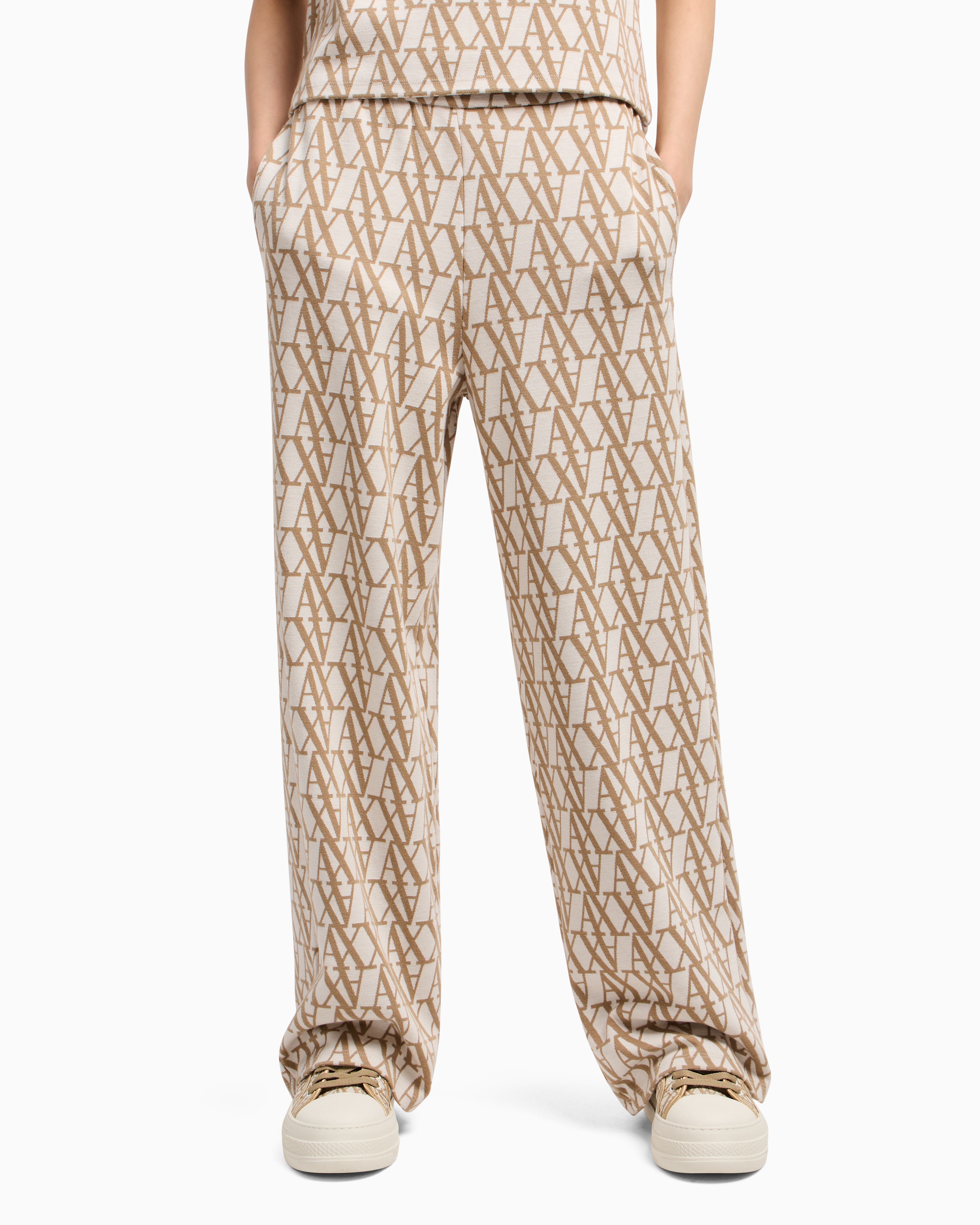 Armani Exchange Wide-leg Jacquard Trousers With Allover Logo In White