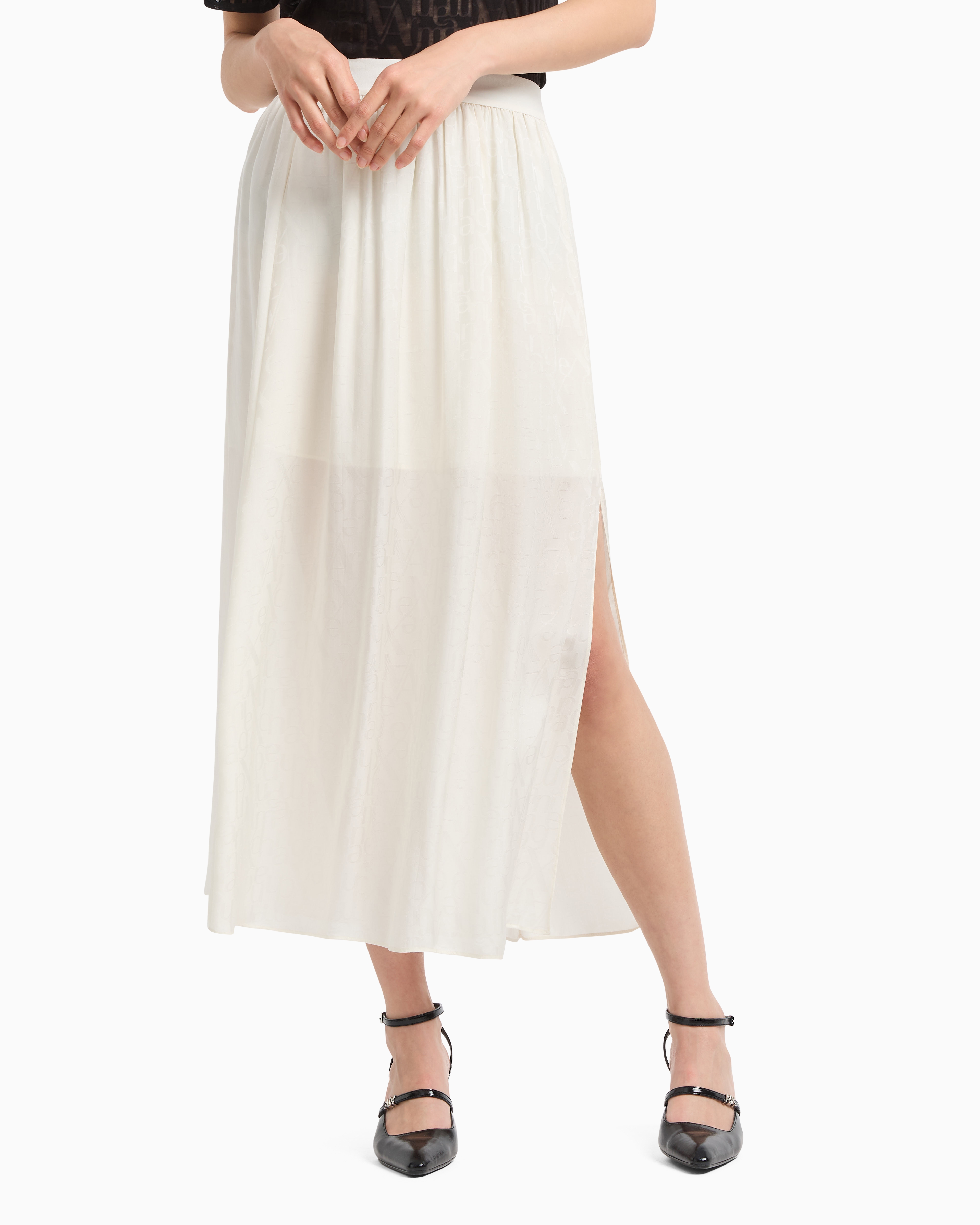 Armani Exchange - Longuette skirt in voile with slit, Woman, White, Size: 4