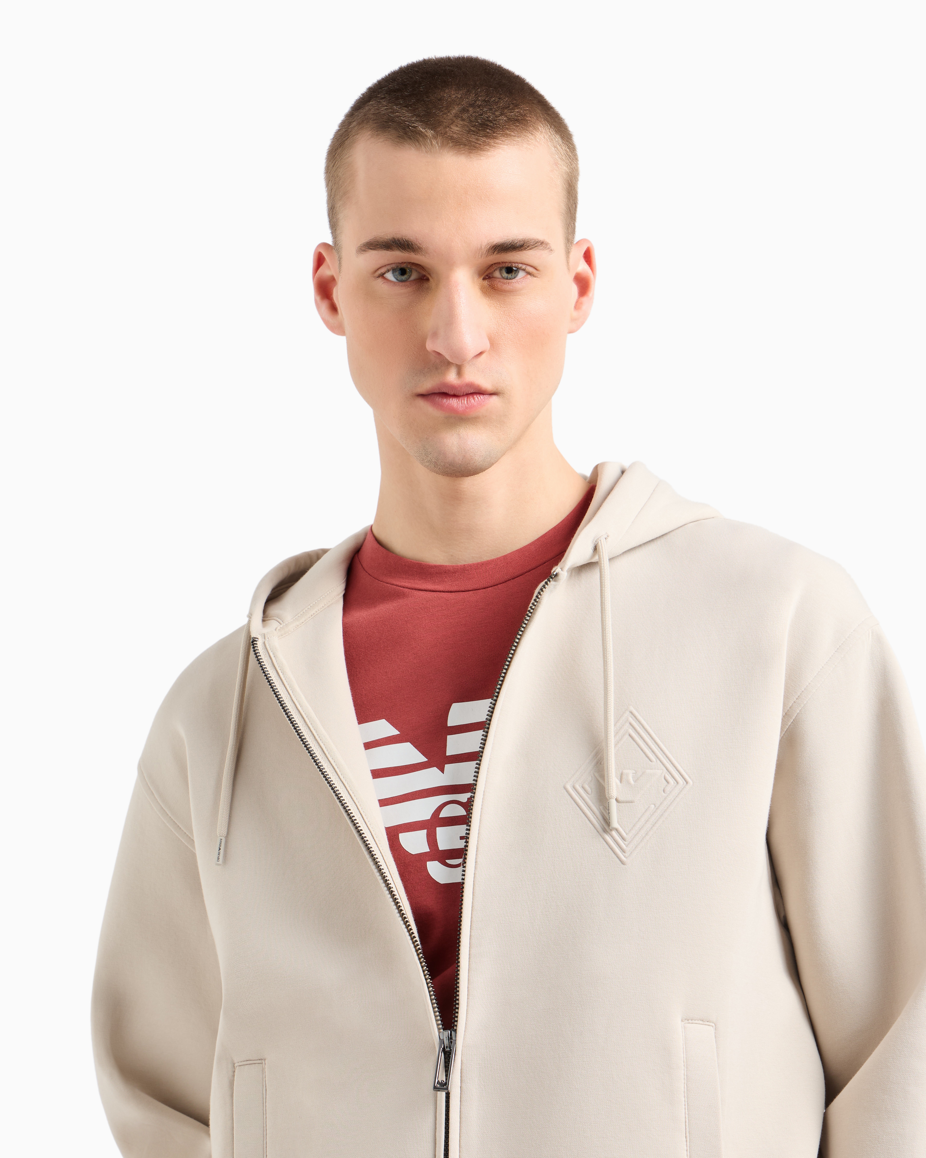 Emporio Armani - ASV Double-jersey hooded sweatshirt with zip and embossed eagle logo, Man, Beige, Size: