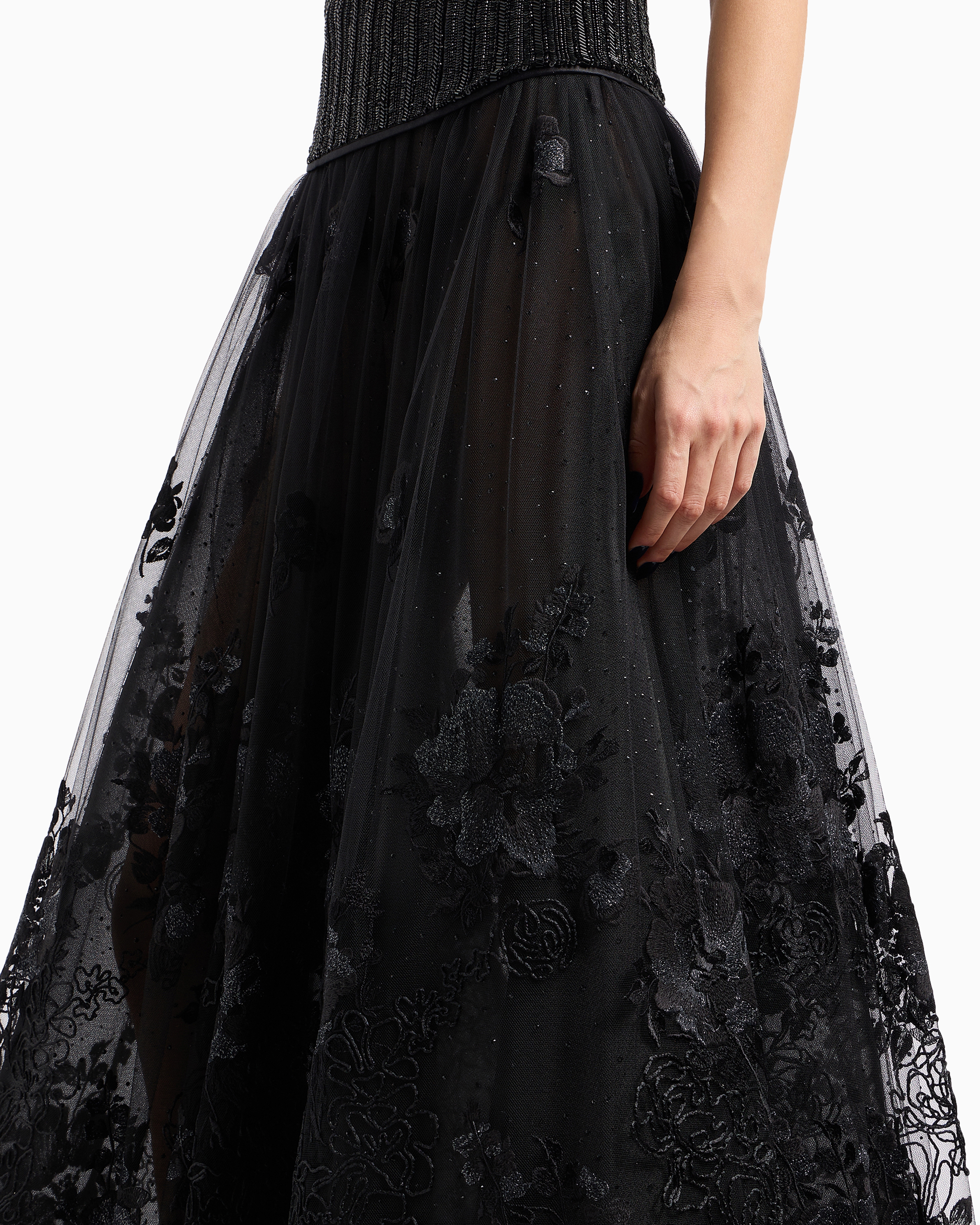 Giorgio Armani Long Skirt In Tulle And Embroidered Lace In Black