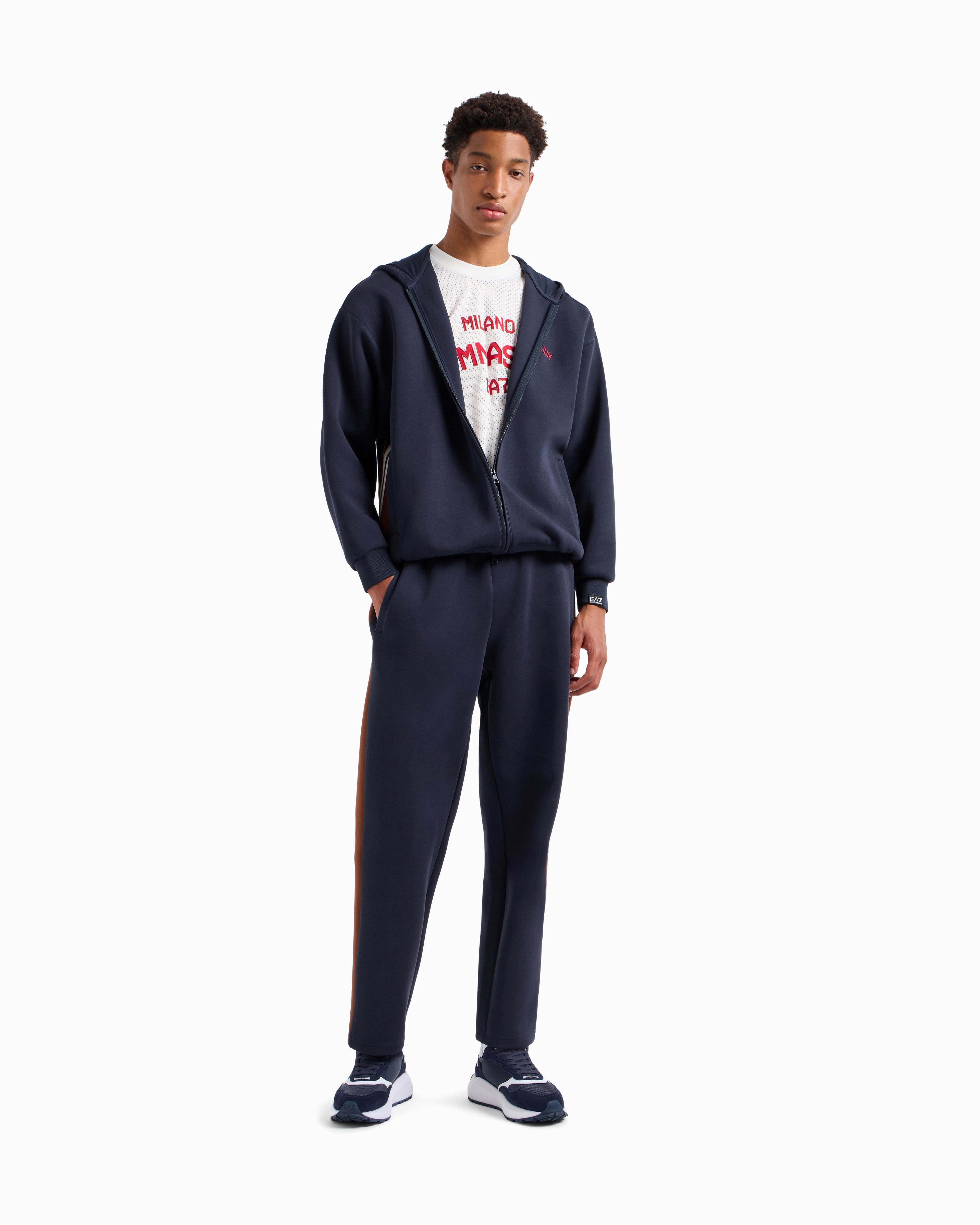 Ea7 Club House Stretch-cotton Interlock Zip-up Sweatshirt In Navy Blue
