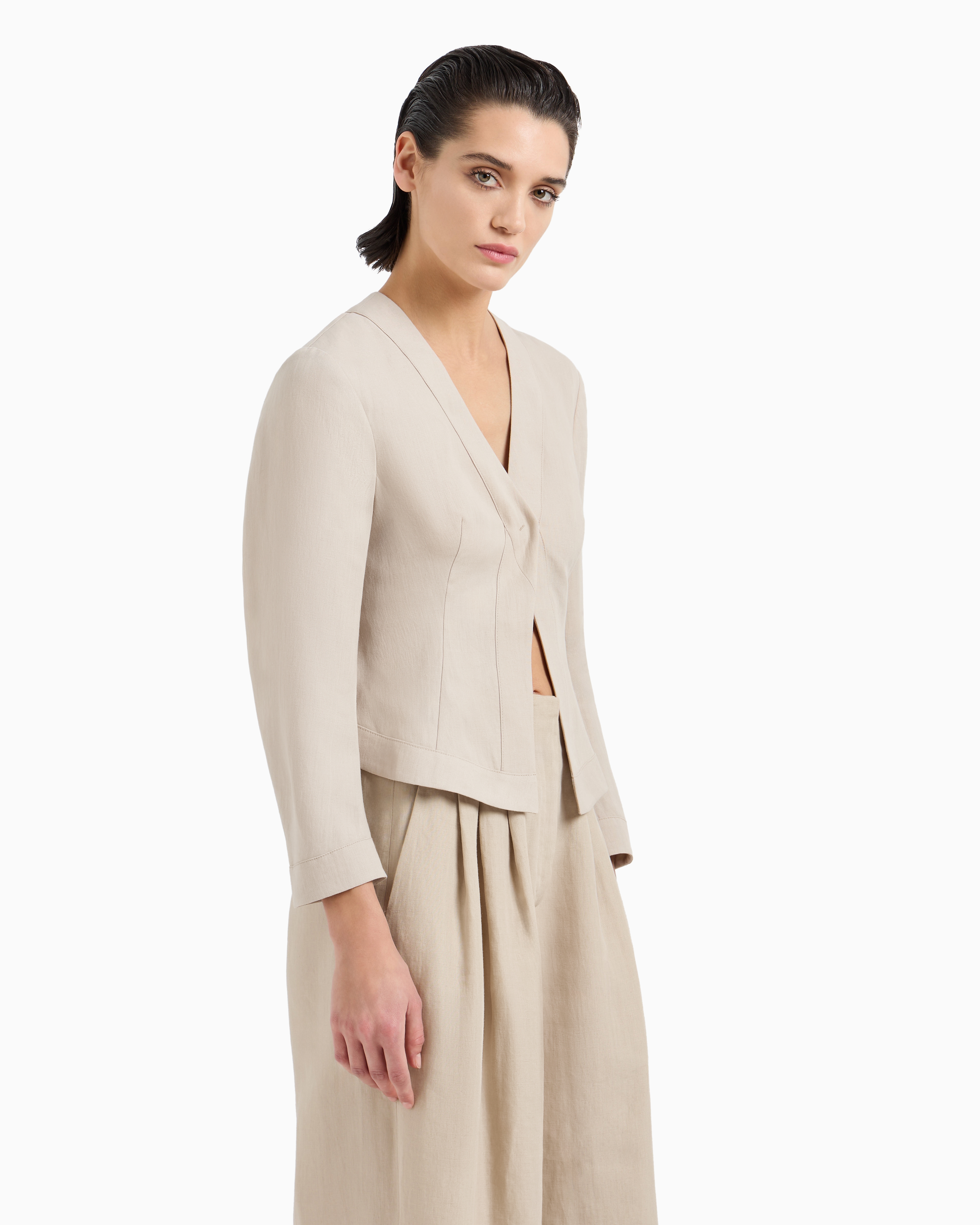 Giorgio Armani Short, Single-breasted Linen Jacket In Brown