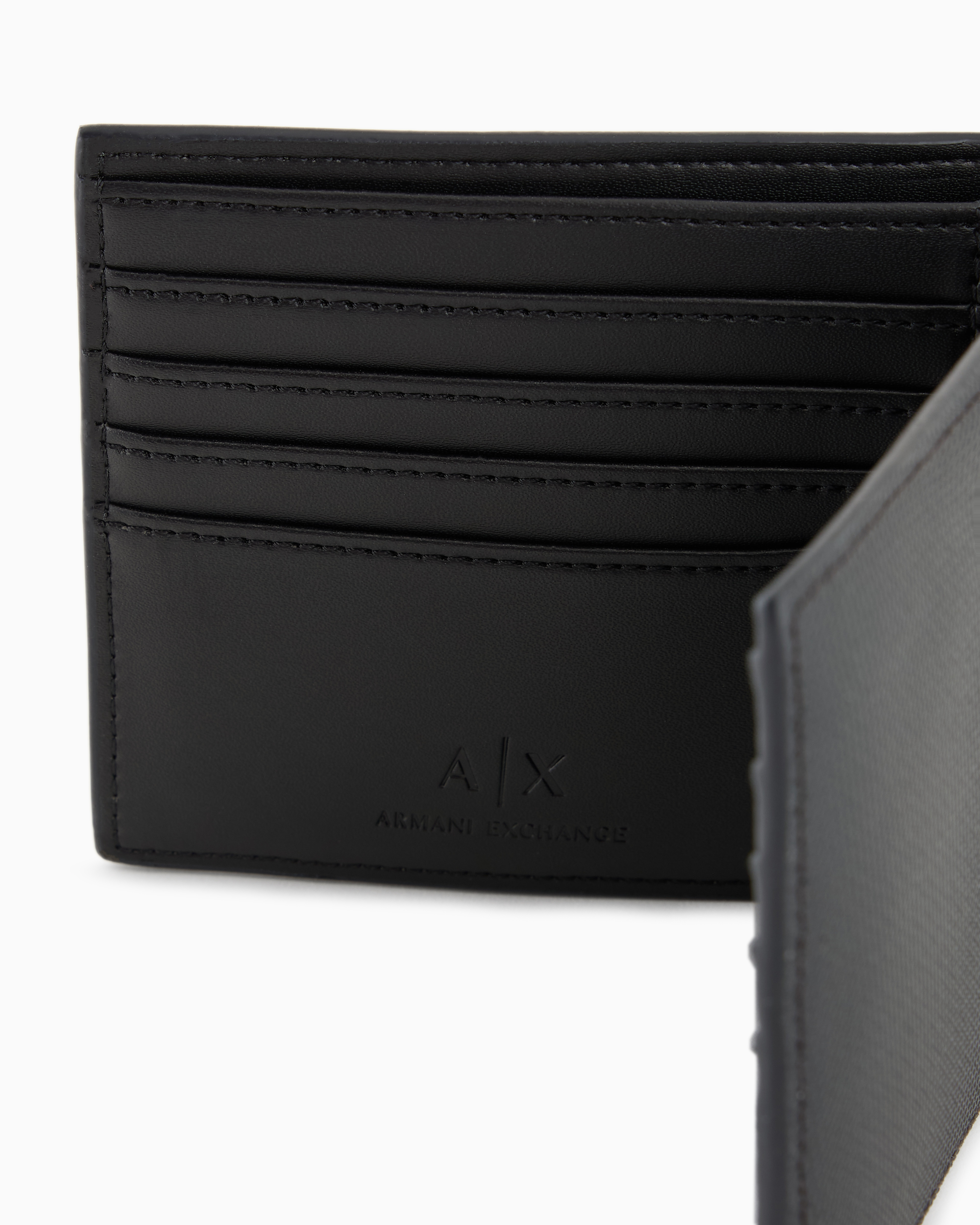 Armani Exchange Monogram And Stripe Bifold Card Holder In Navy Blue