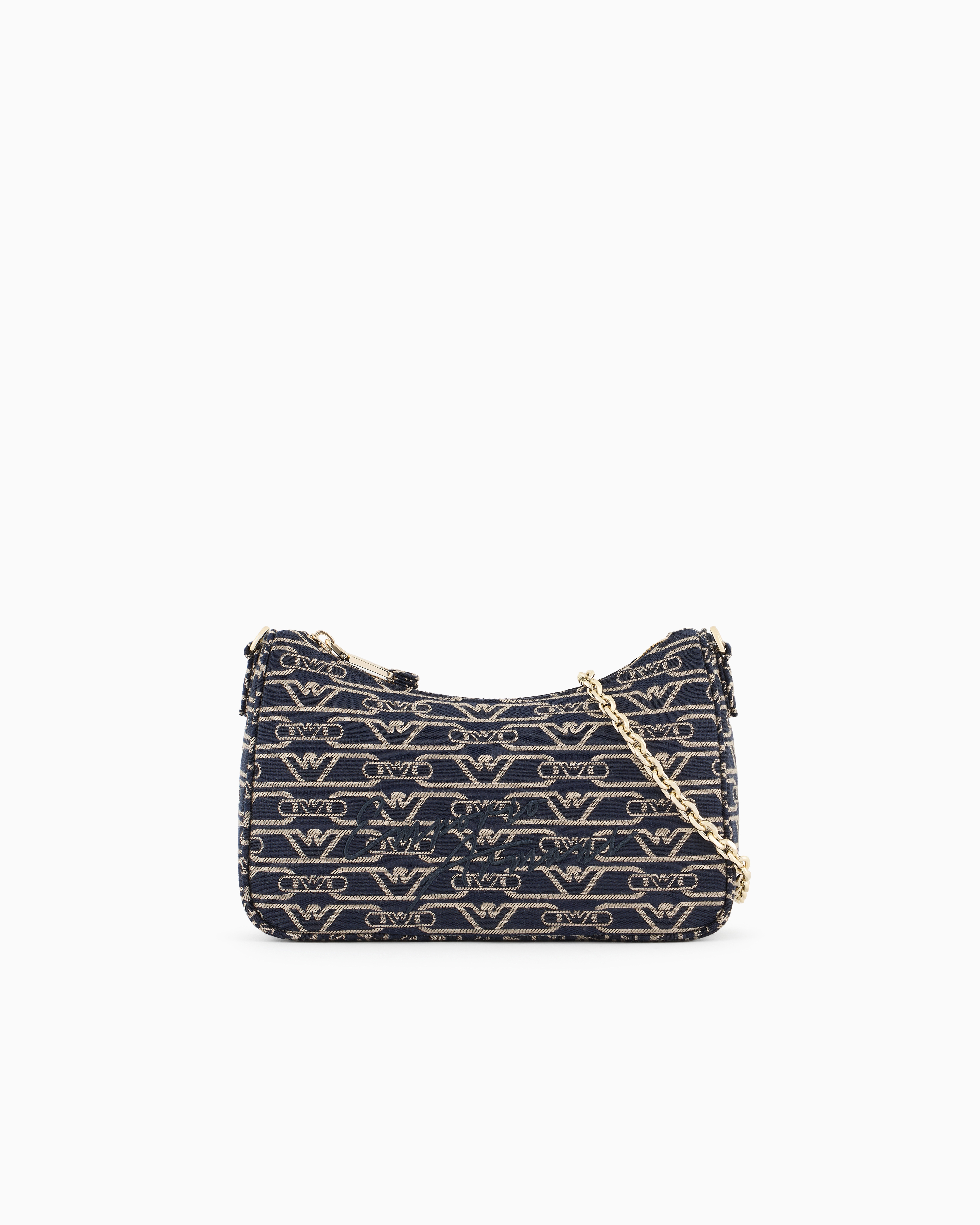 Emporio Armani Jacquard Canvas Baguette Bag With All-over Monogram In Blue