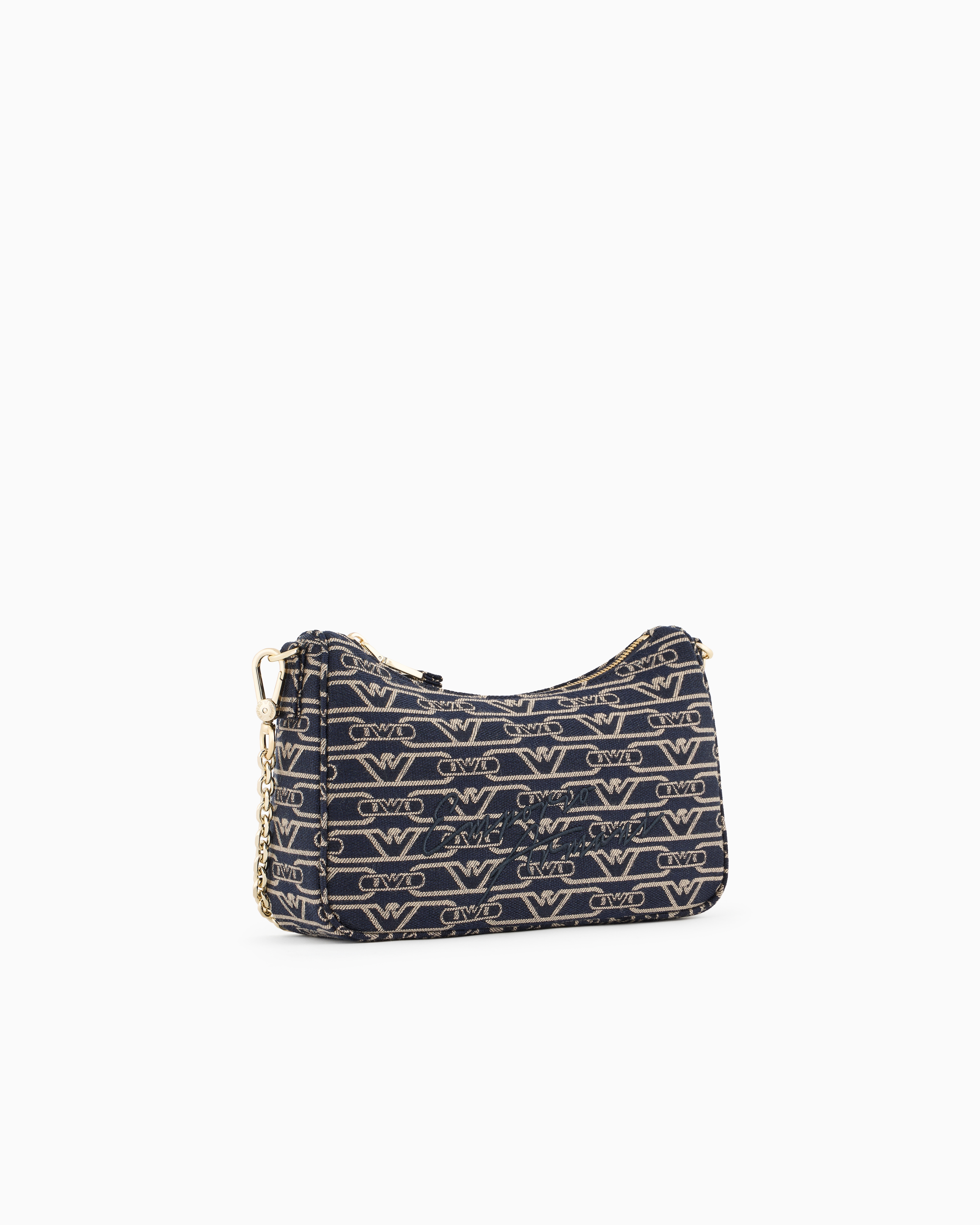 Emporio Armani Jacquard Canvas Baguette Bag With All-over Monogram In Blue