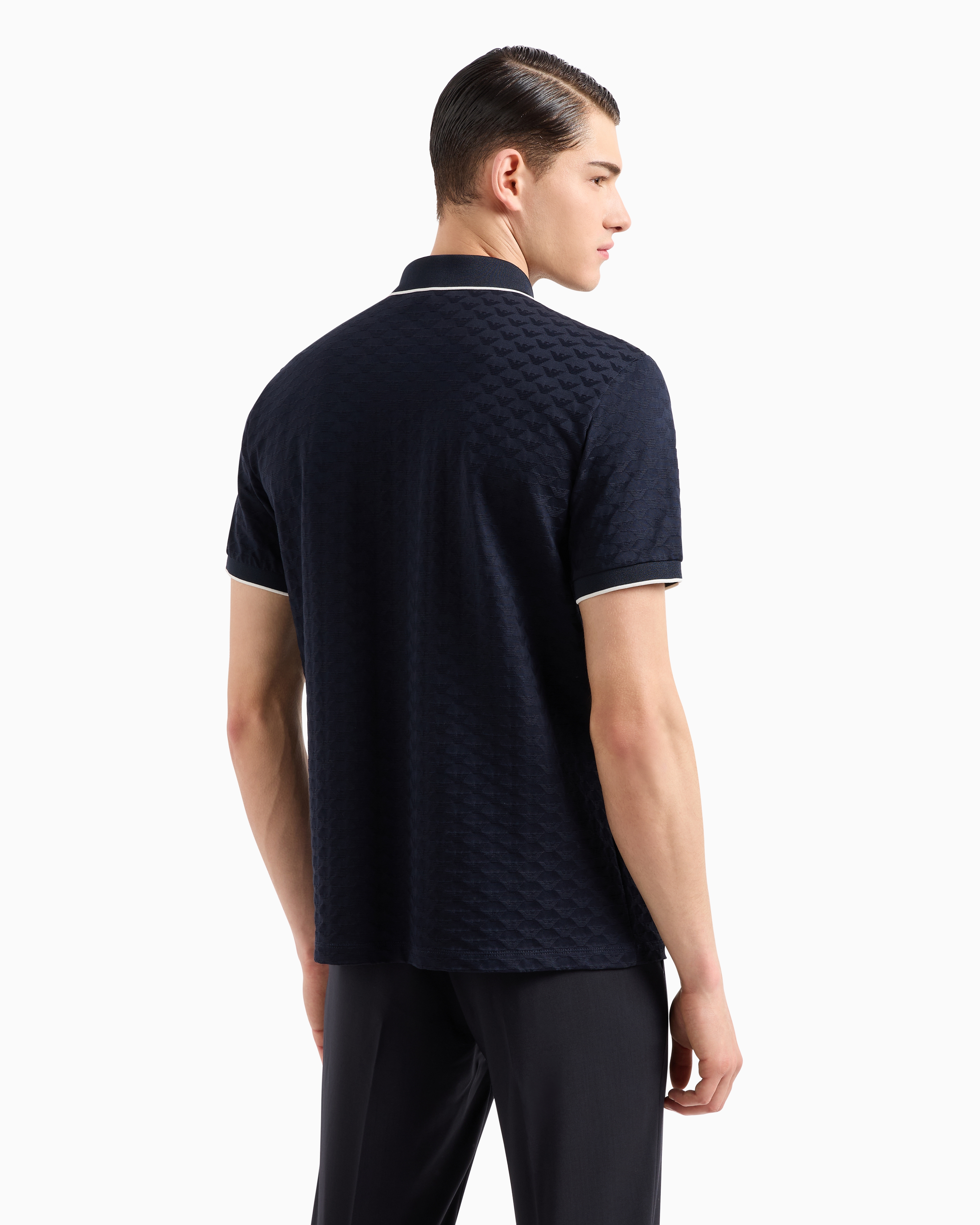 Mercerised jersey polo shirt with all-over jacquard eagle