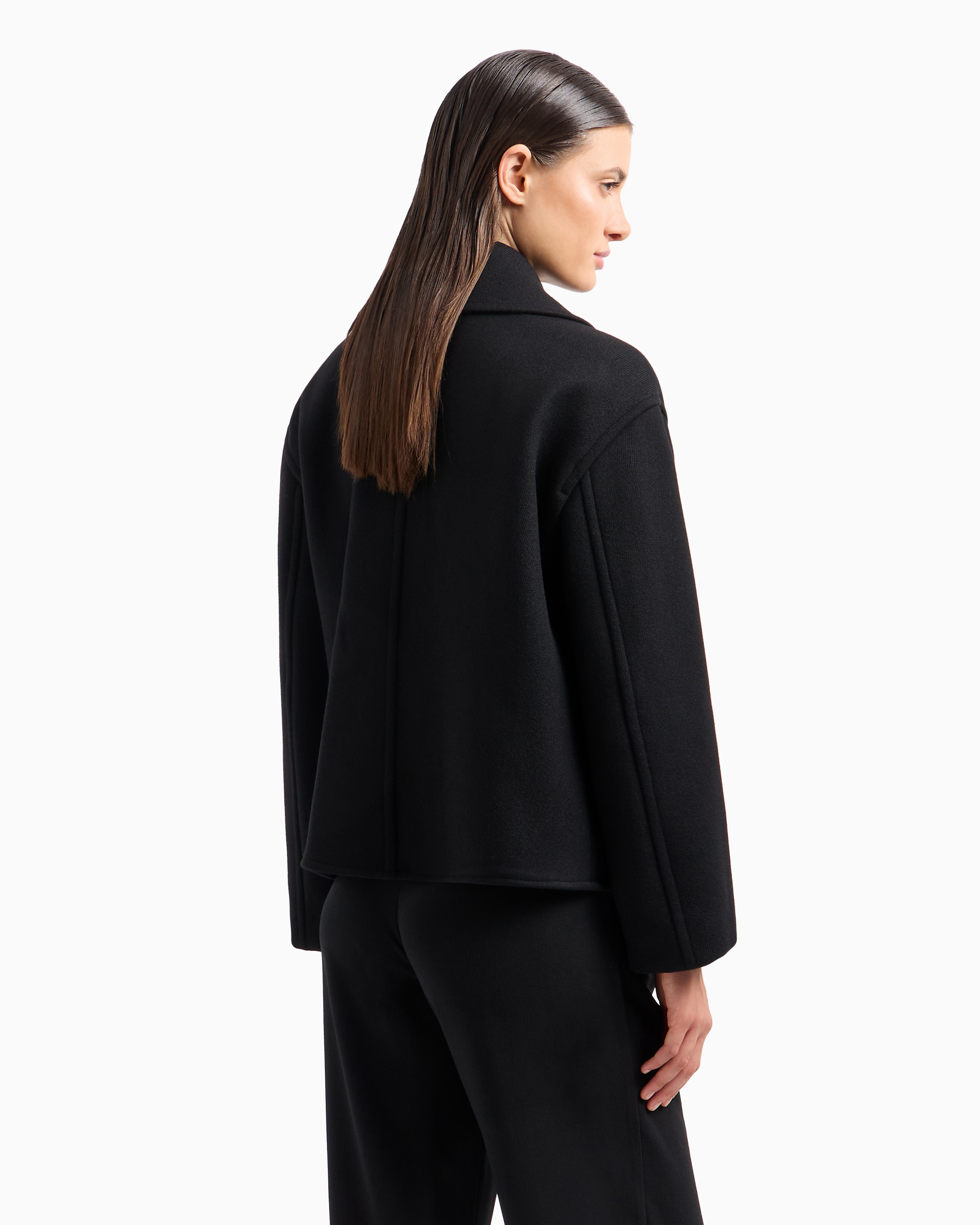 Double-breasted short pea coat in virgin wool cavalry twill