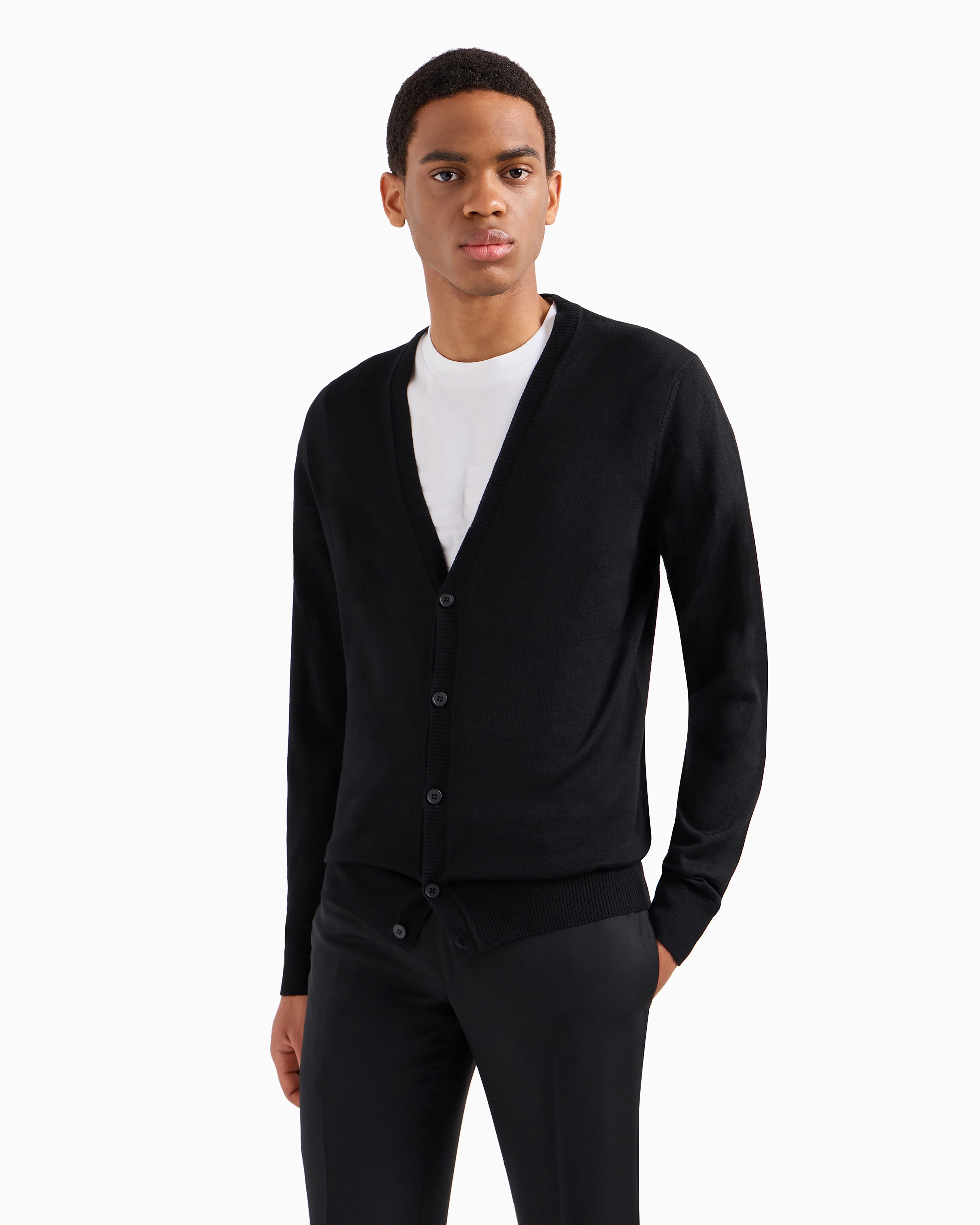 EMPORIO ARMANI PLAIN-KNIT, VIRGIN-WOOL V-NECK CARDIGAN
