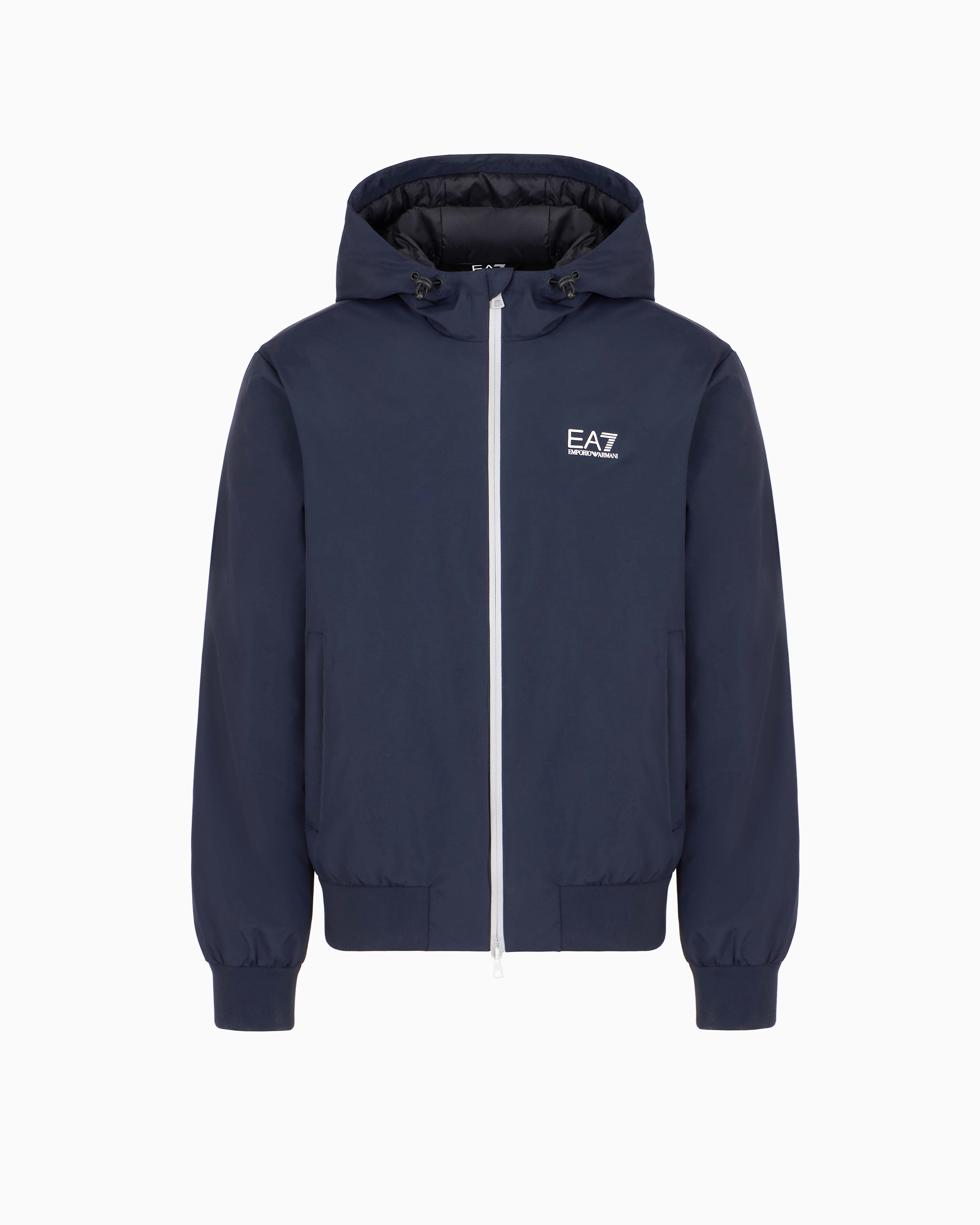 Ea7 Navy Blue Core Identity Hooded Bomber In Technical Fabric Xxs
