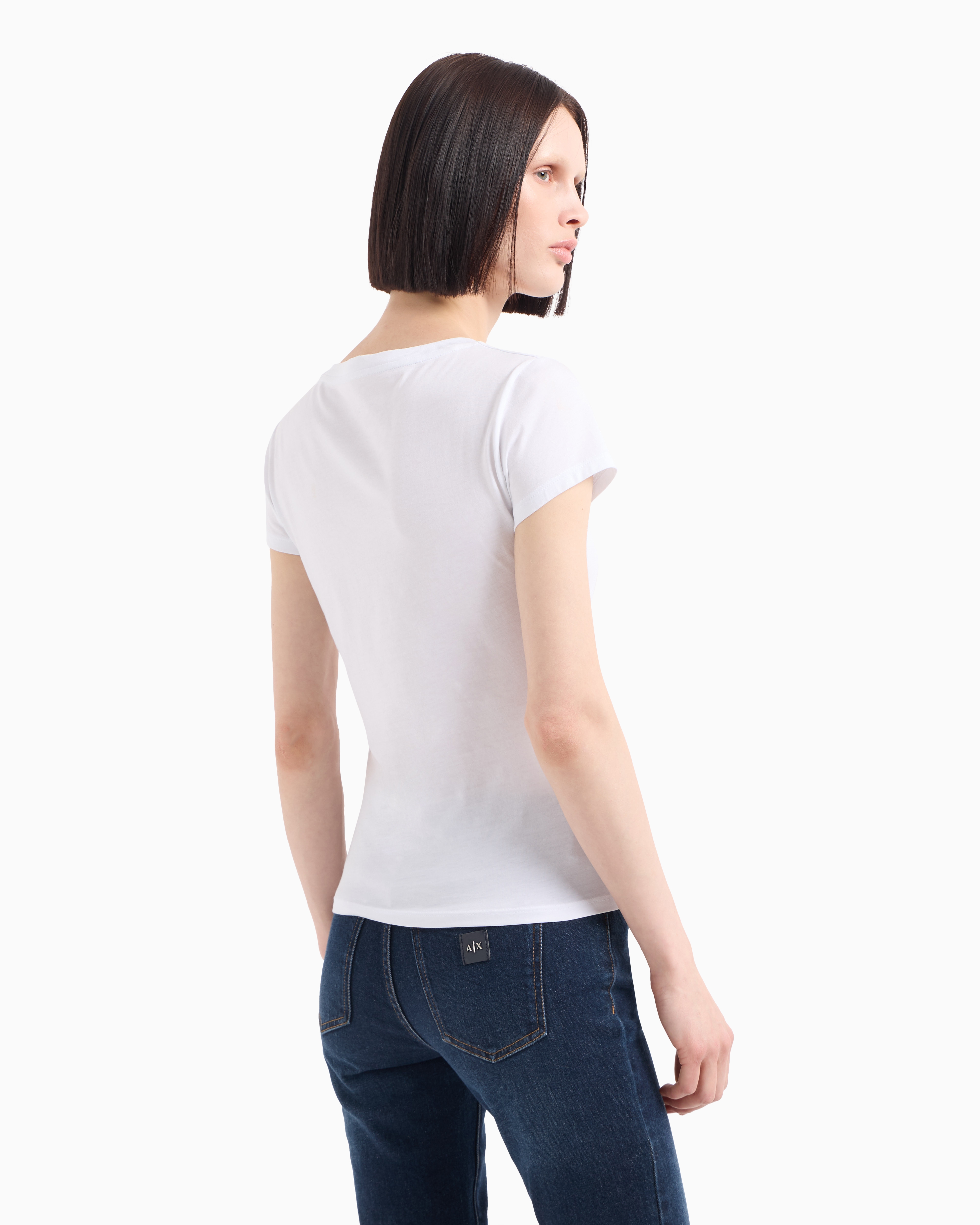 Slim fit pima cotton t-shirt with rhinestone logo | Armani