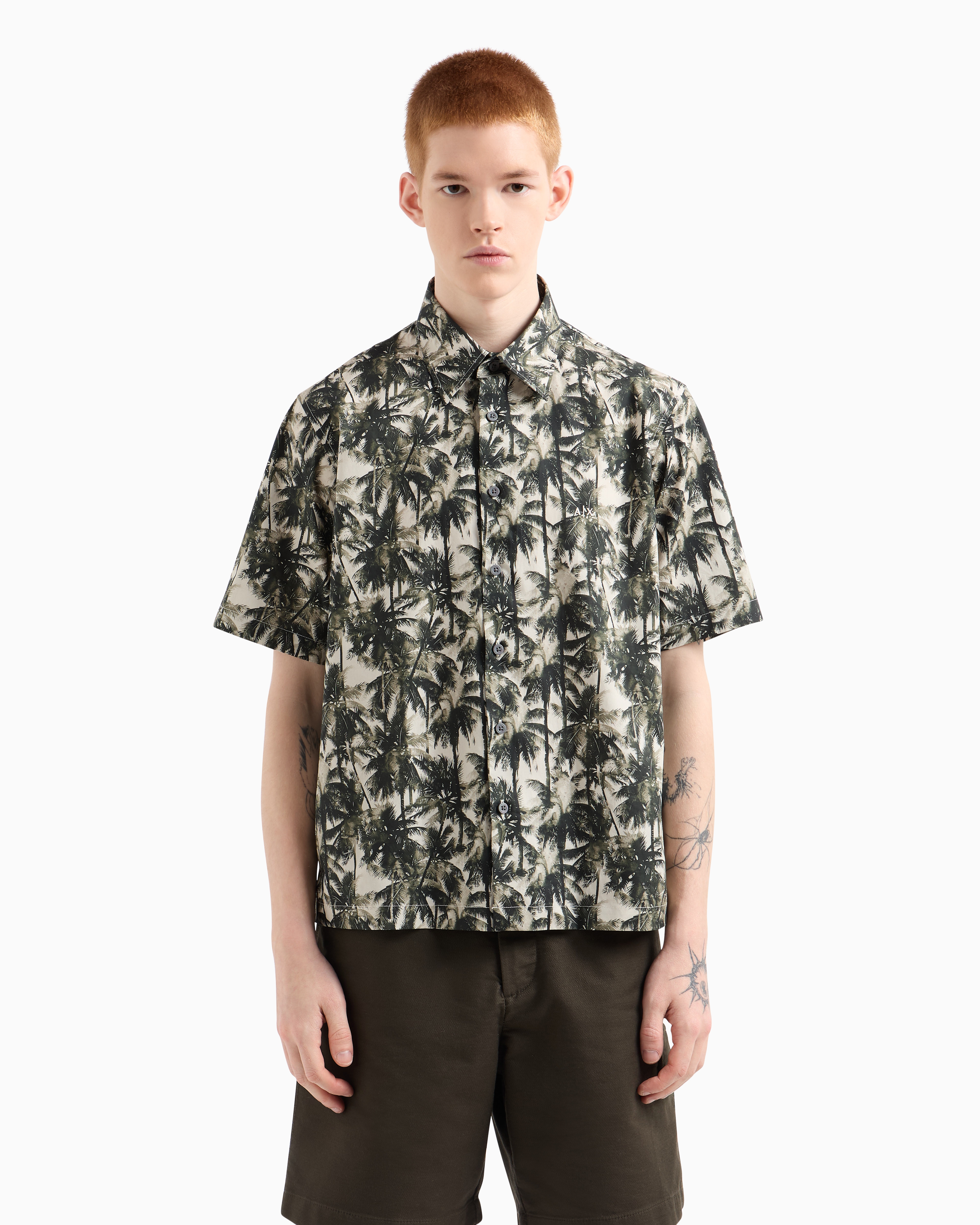 Armani Exchange - Regular fit palm tree patterned shirt, Man, Green, Size: S