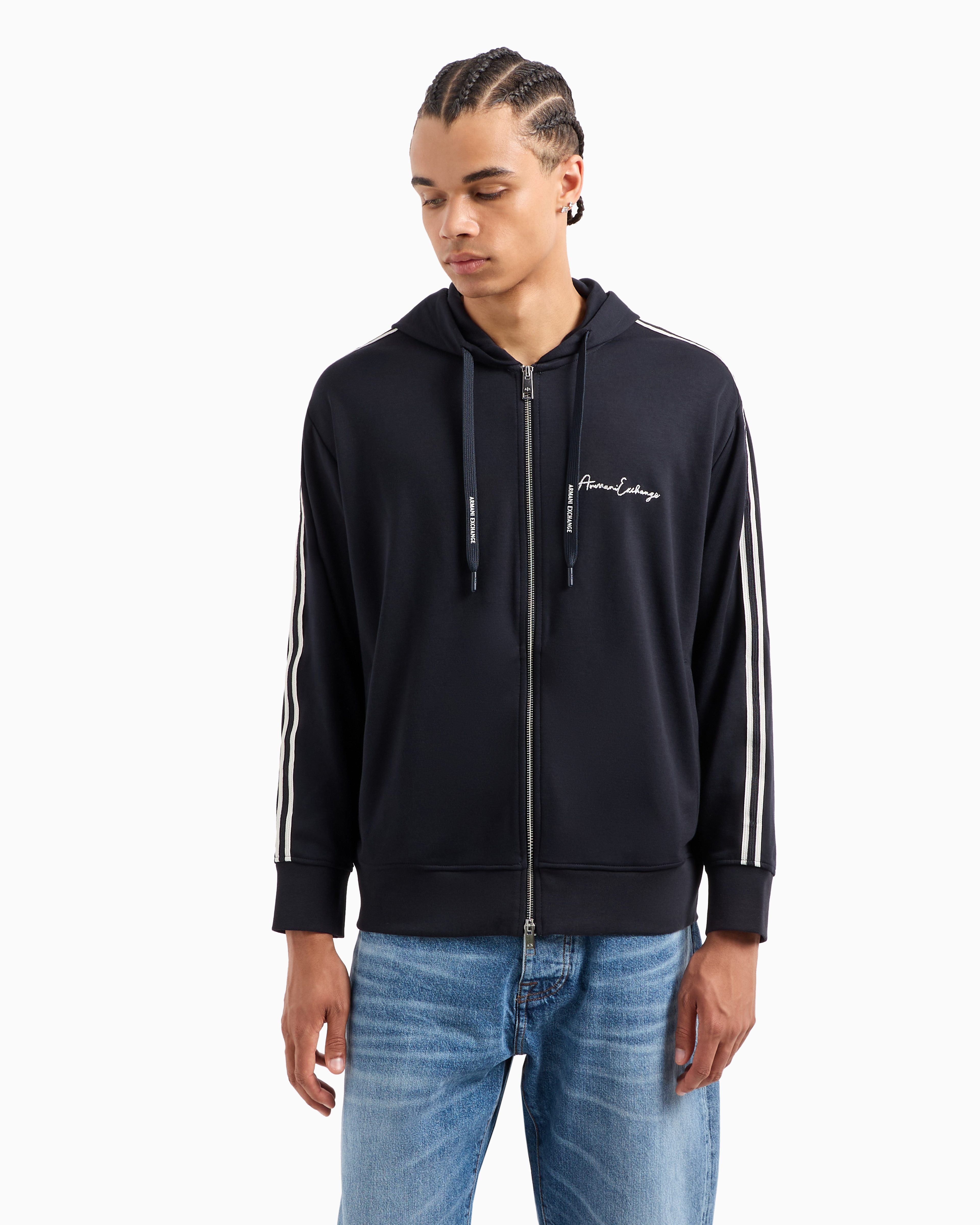 Full zip sweatshirt in bonded cotton with bands on the