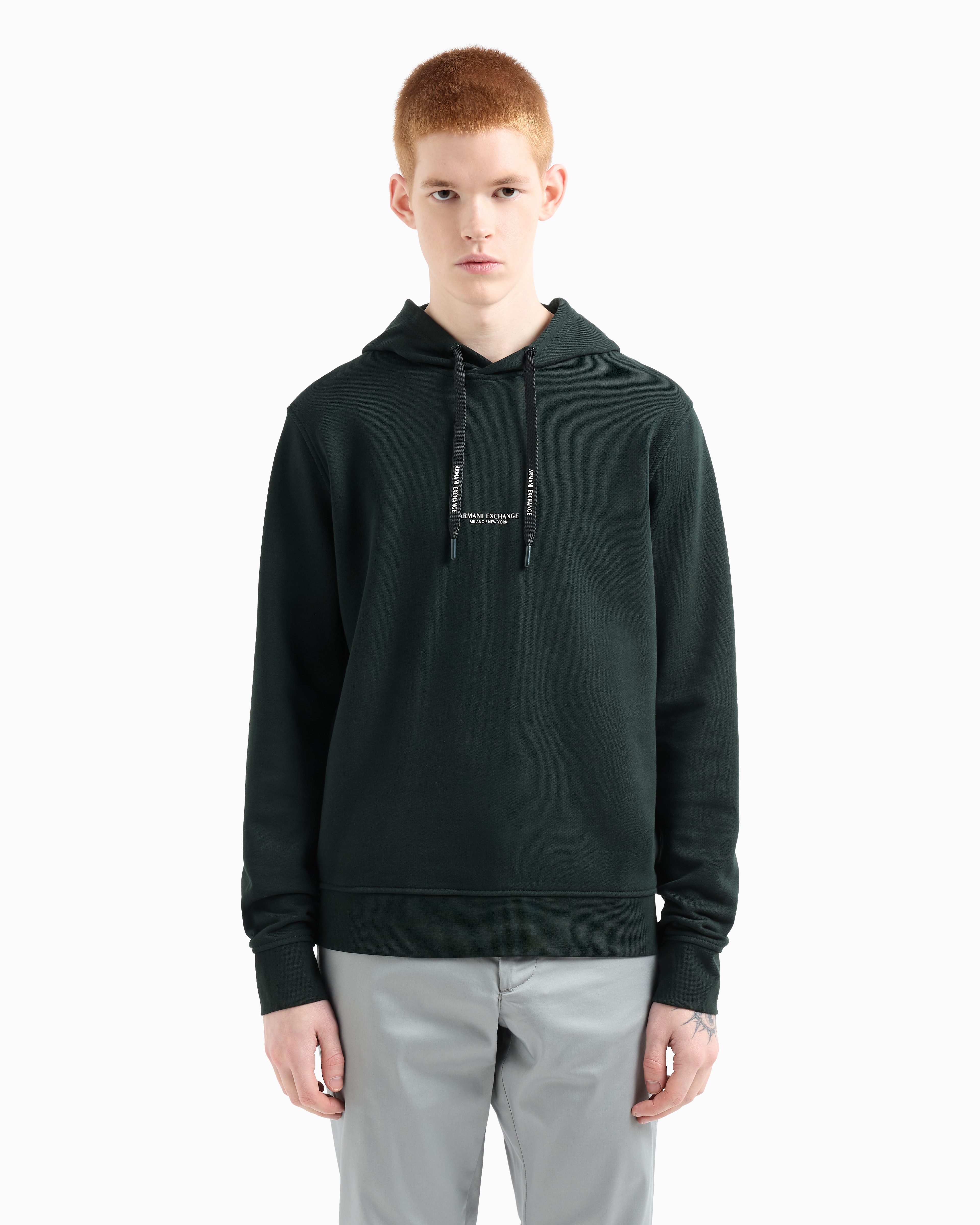 Armani Exchange - French Terry Cotton Hoodie with Logo, Man, Green, Size: