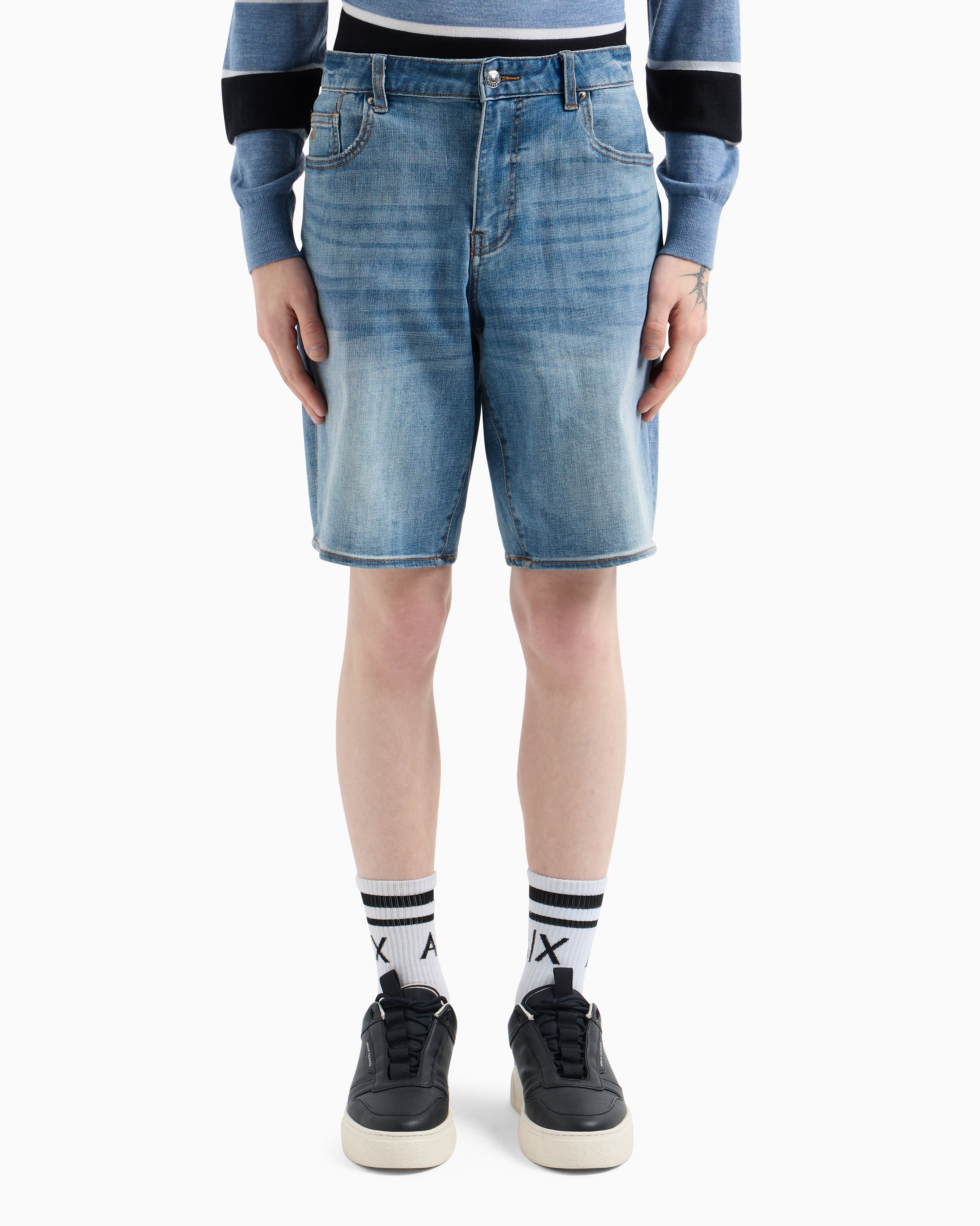 Armani Exchange - Cotton denim shorts with contrast stitching, Man, Blue, Size: