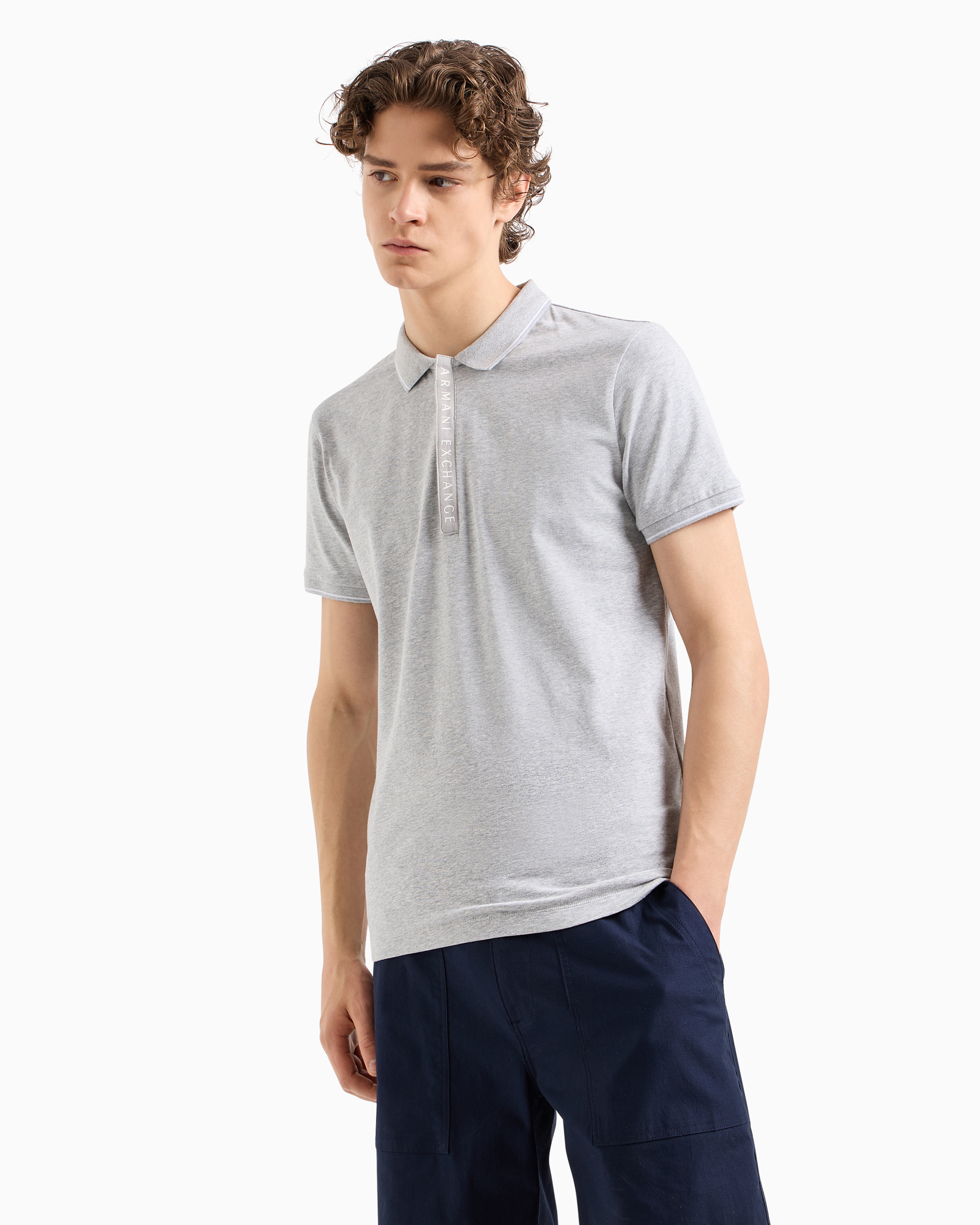 Armani Exchange - Polo with contrasting logo in cotton spandex, Man, Grey, Size: XS