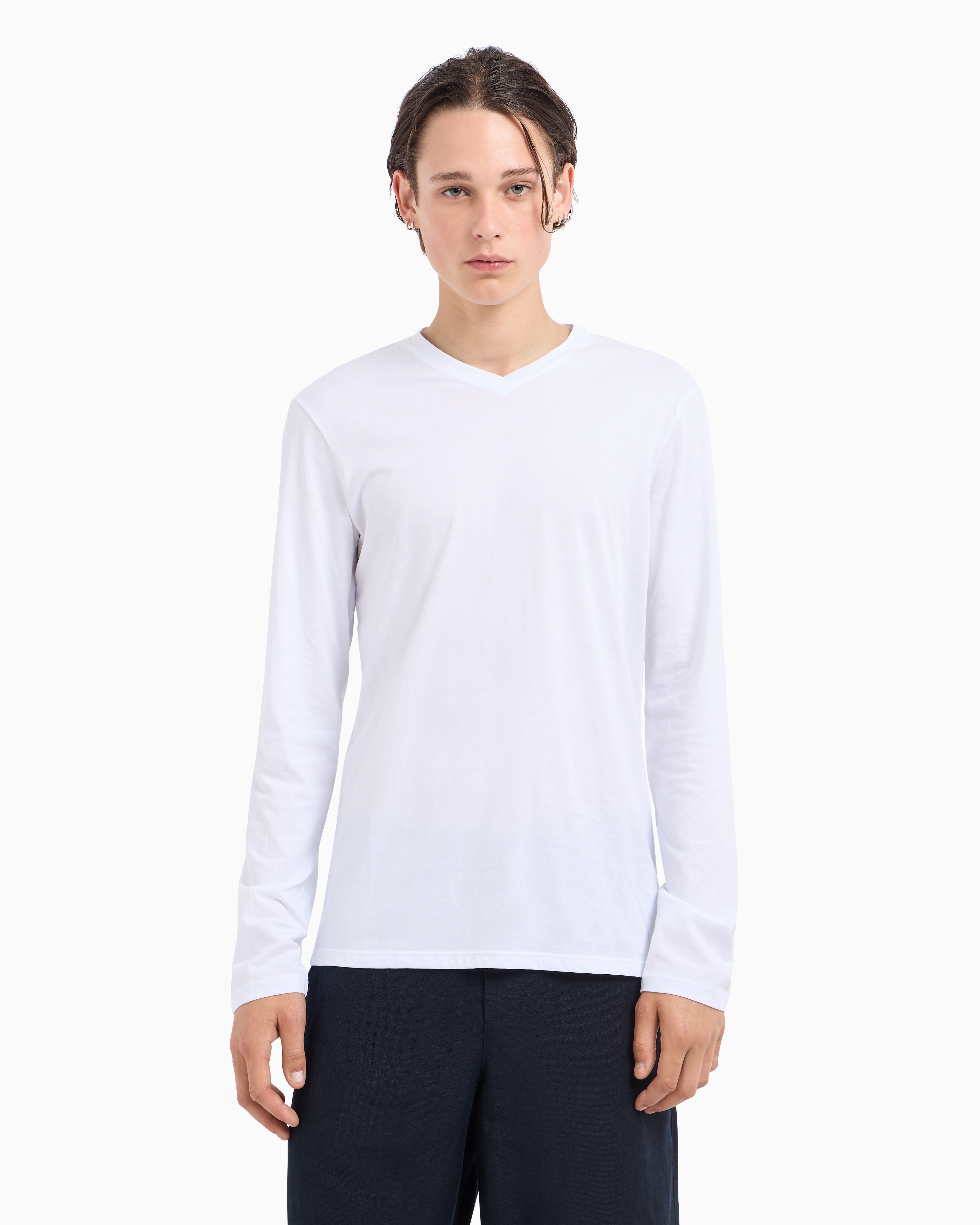 Armani Exchange - Pima Cotton Long Sleeve V-Neck T-Shirt, Man, White, Size: