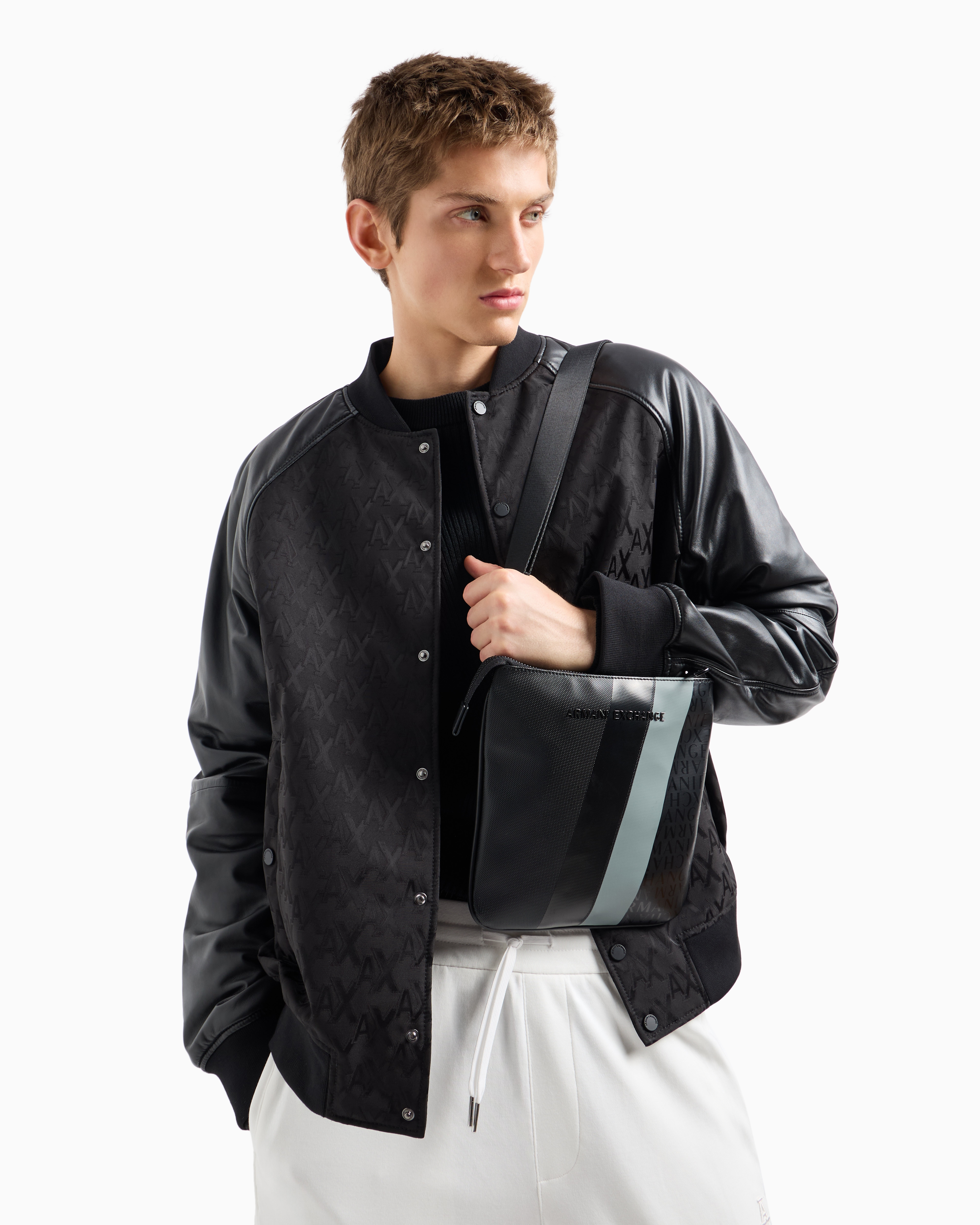 Armani Exchange - Monogram and Stripe Flat Shoulder Bag, Man, Black, Size: TU