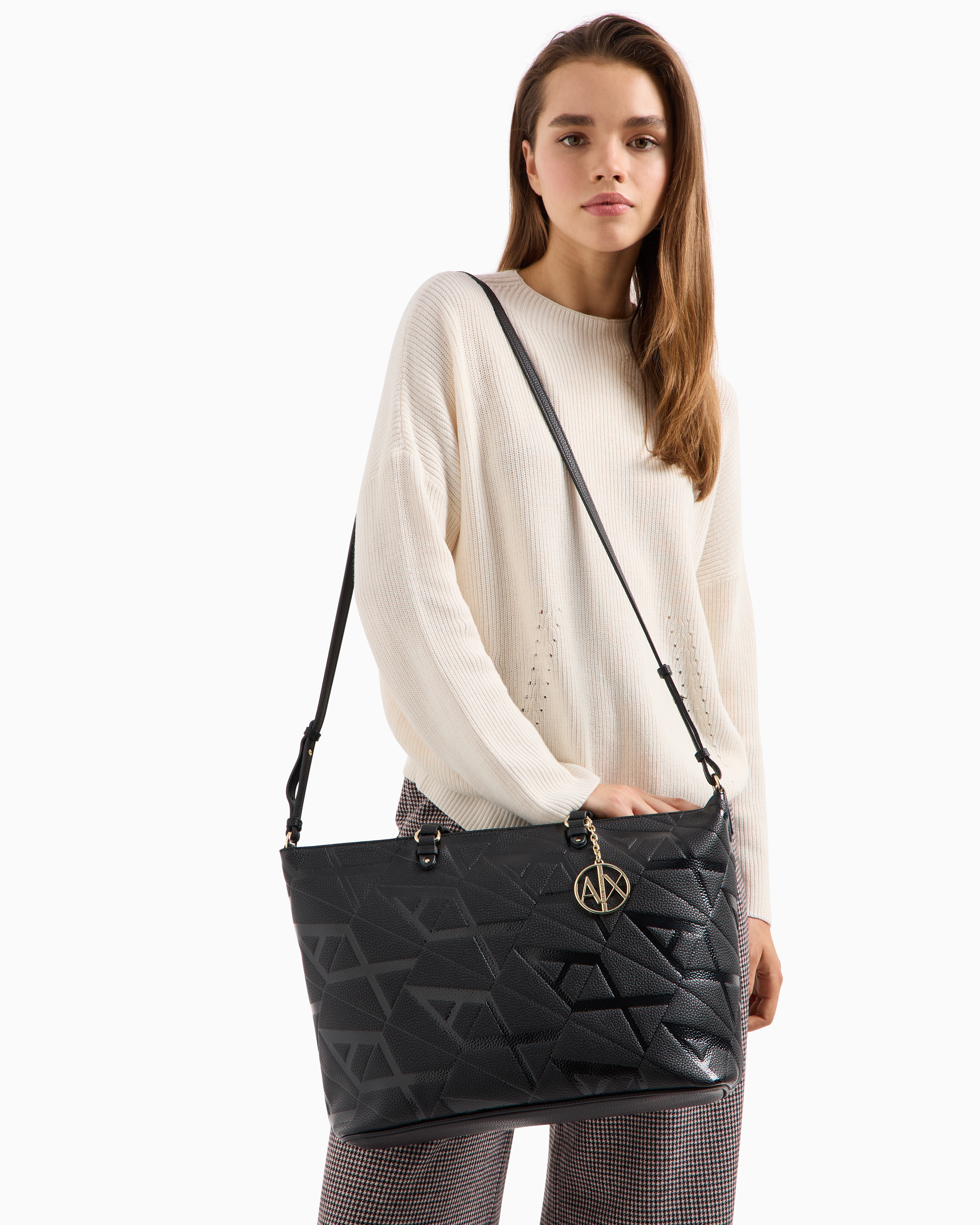 Armani Exchange - Shopper bag with allover embossed logo, Woman, Black, Size: TU