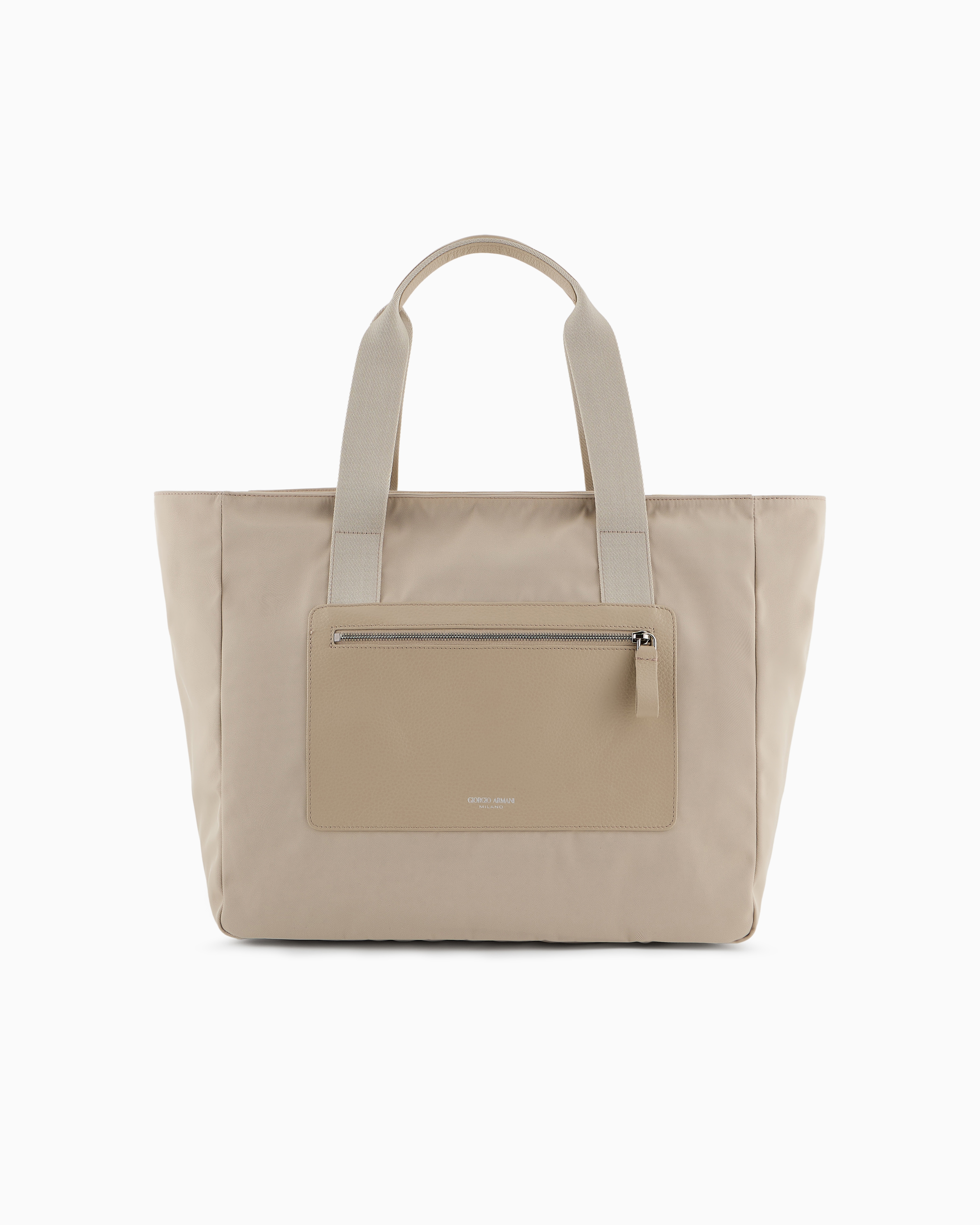 Giorgio Armani Medium Shopper Bag In Nylon And Pebbled Leather In Beige