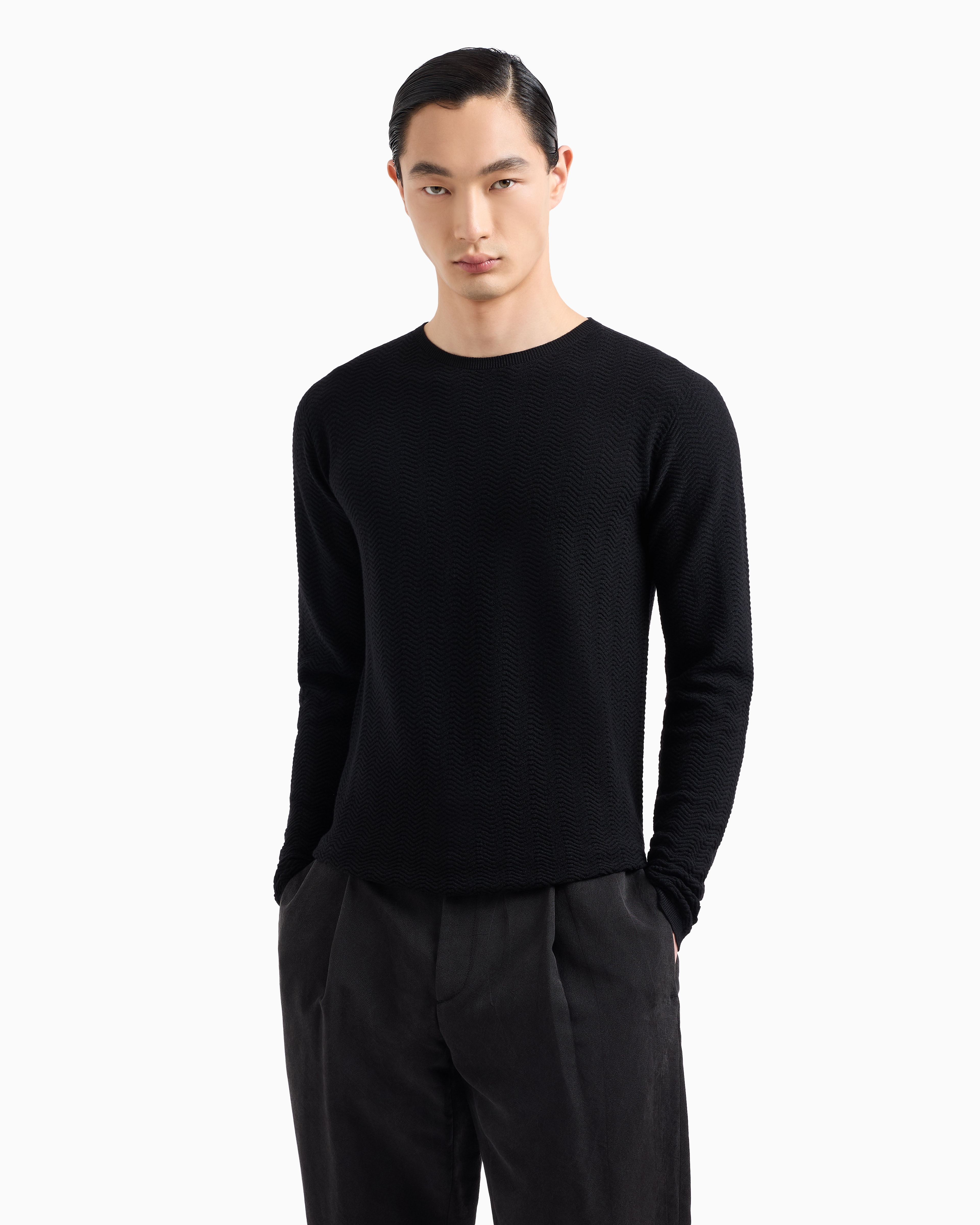 Giorgio Armani Chevron Virgin Wool, Crew-neck Jumper In Black