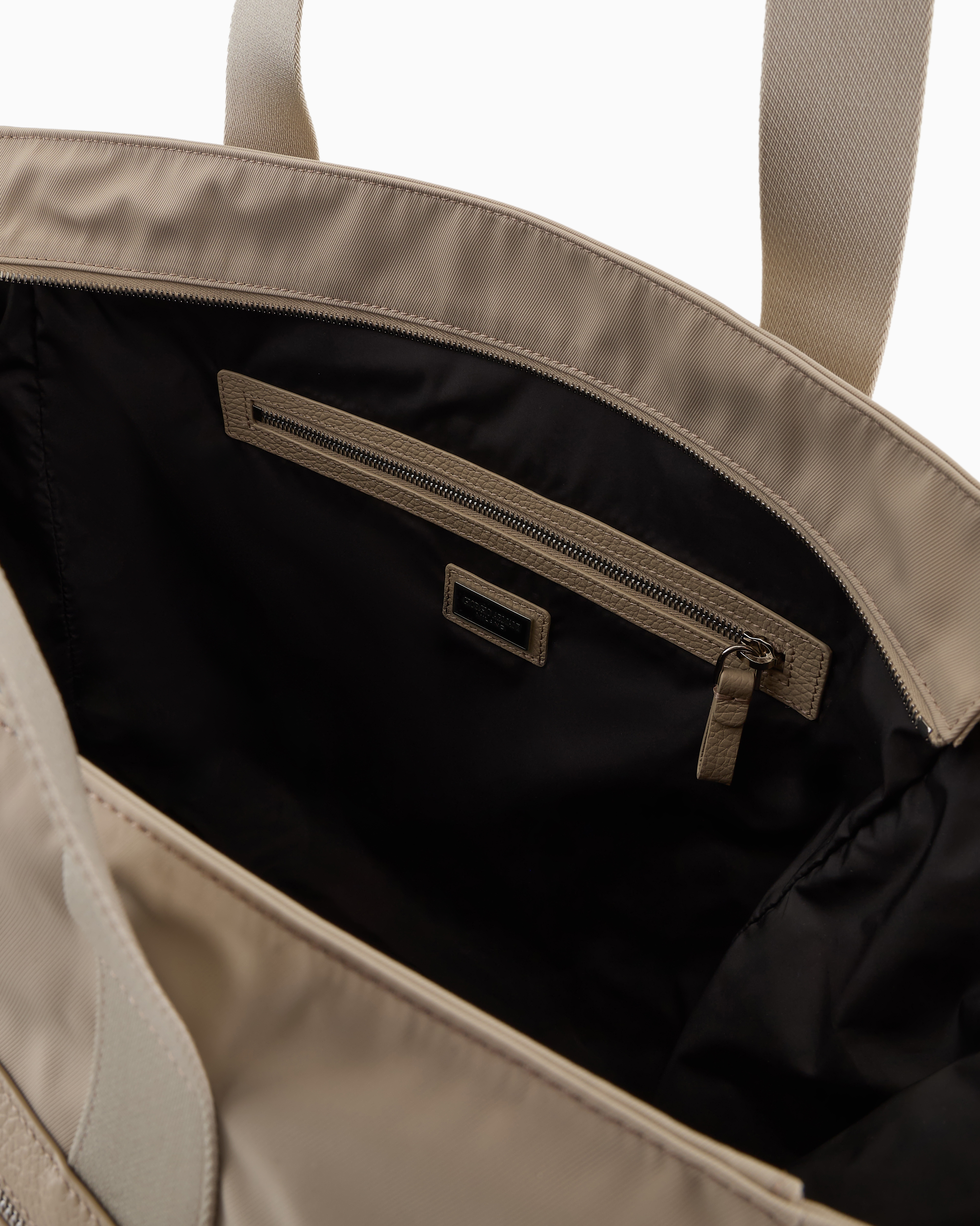Giorgio Armani Medium Shopper Bag In Nylon And Pebbled Leather In Beige