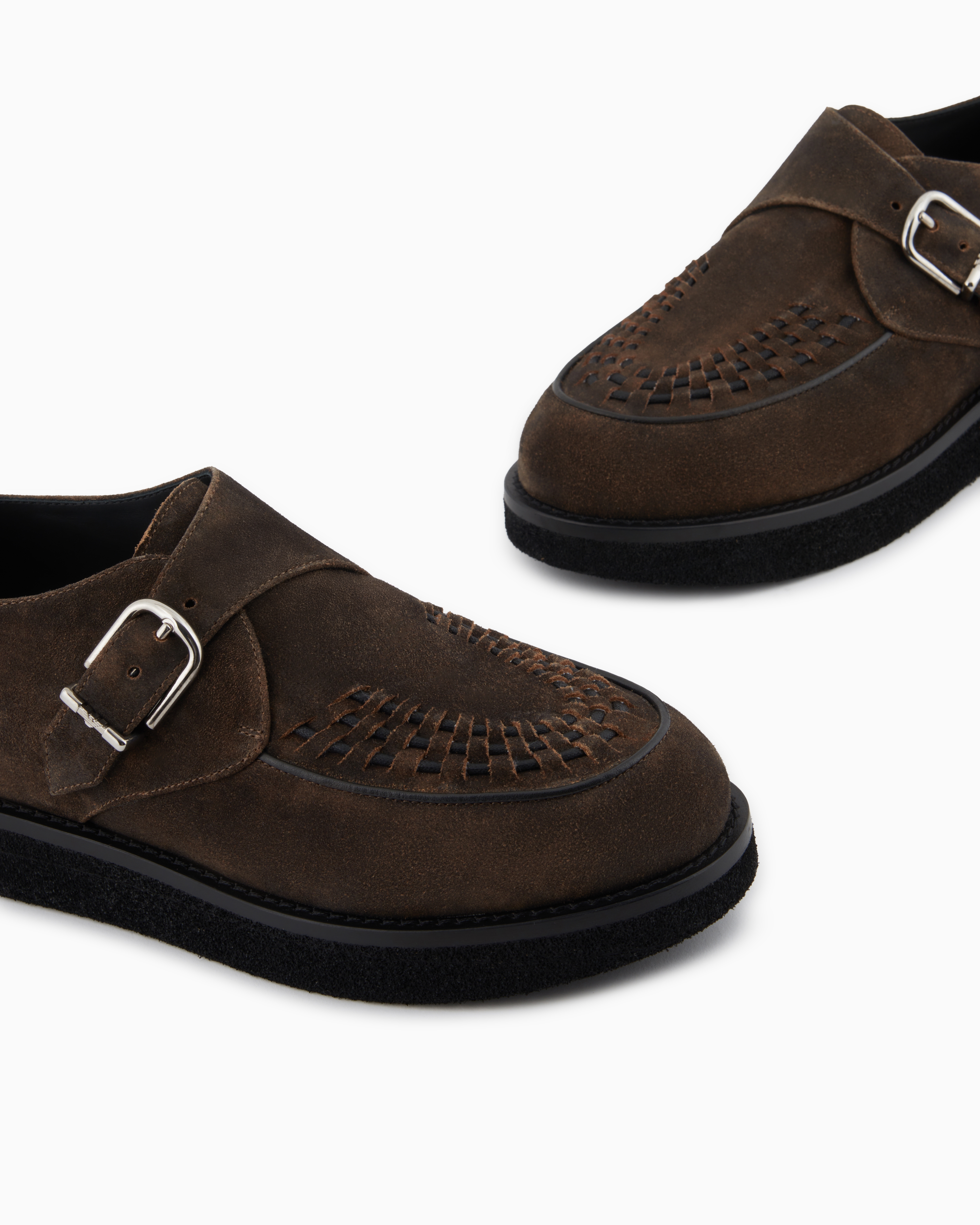 Emporio Armani New York Capsule Collection Monkstraps In Dappled Crust Leather In Brown