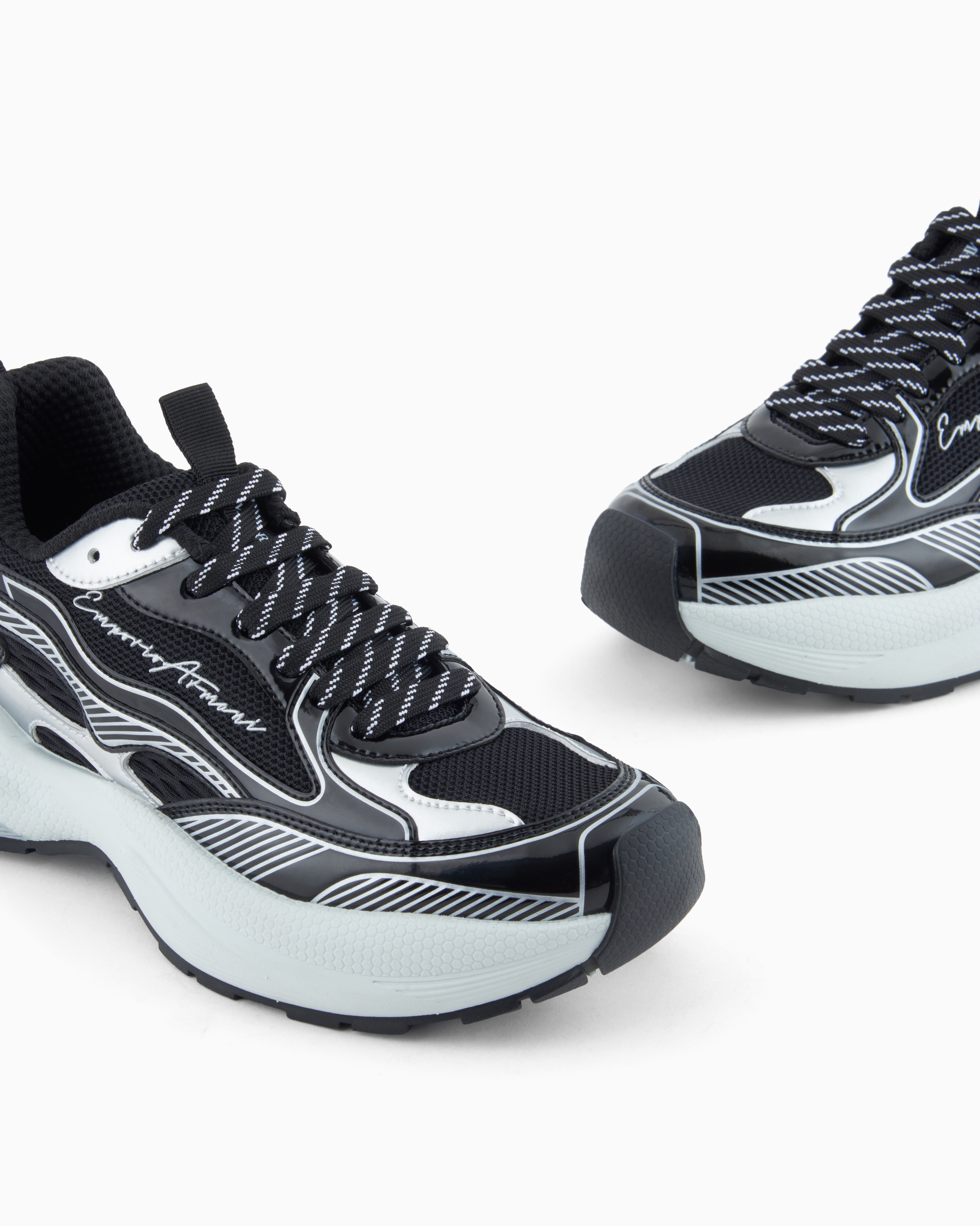 Emporio Armani Mesh Sneakers With Laminated Details And Signature Logo In Silver