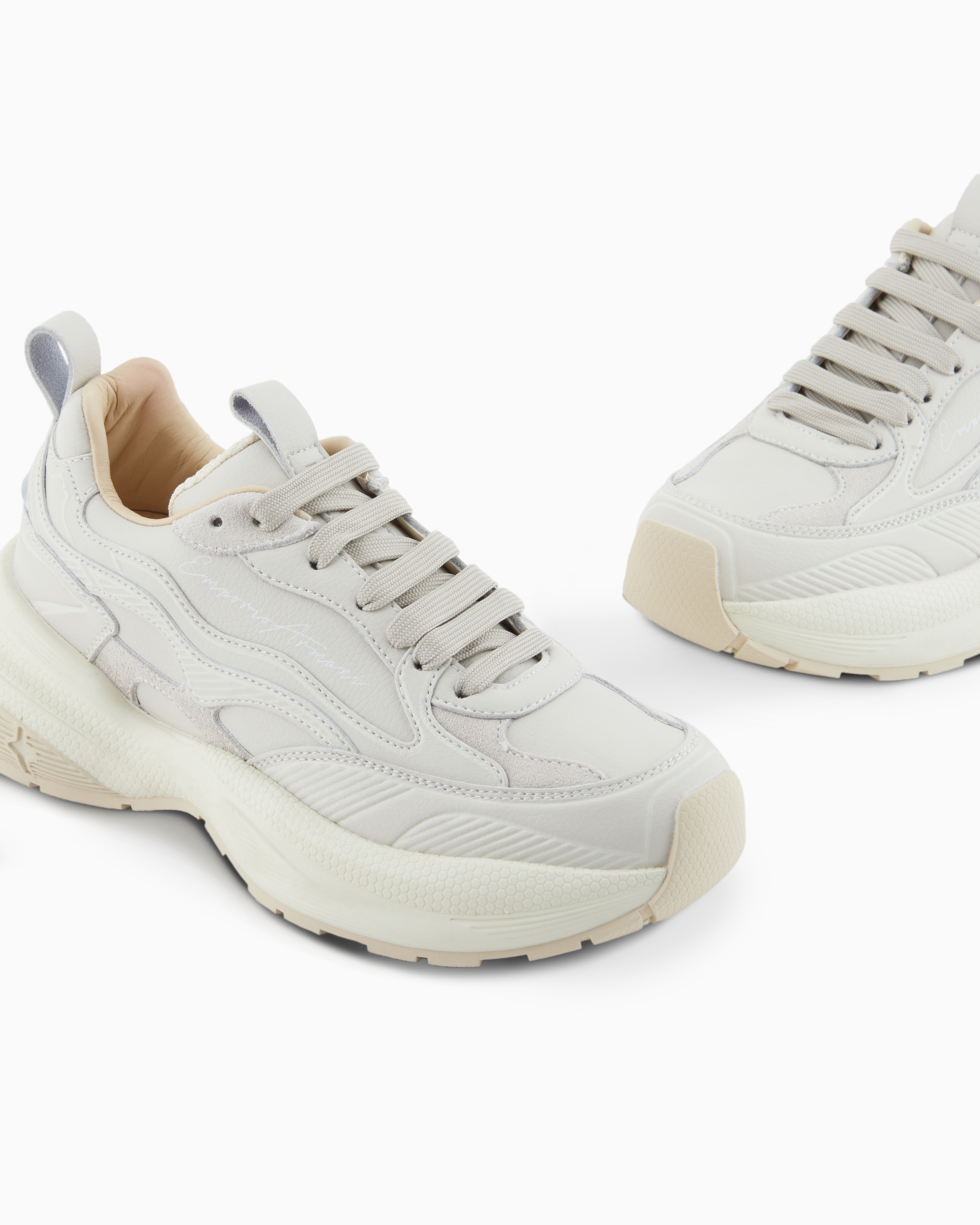 Emporio Armani Leather Sneakers With Velvet Details And A Signature Logo In Silver