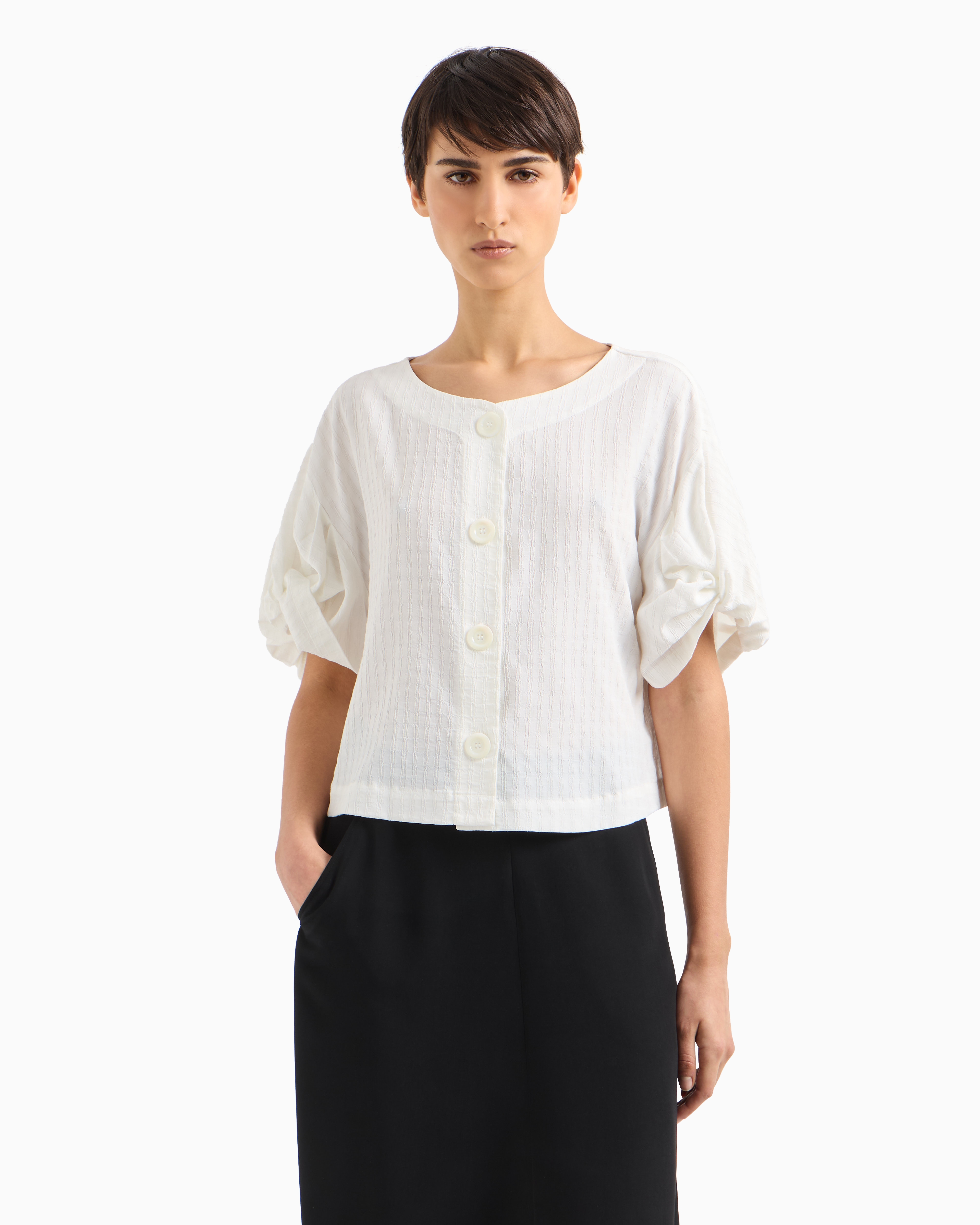 Emporio Armani Shirt Jacket With Check Motif Twisted Sleeves In White