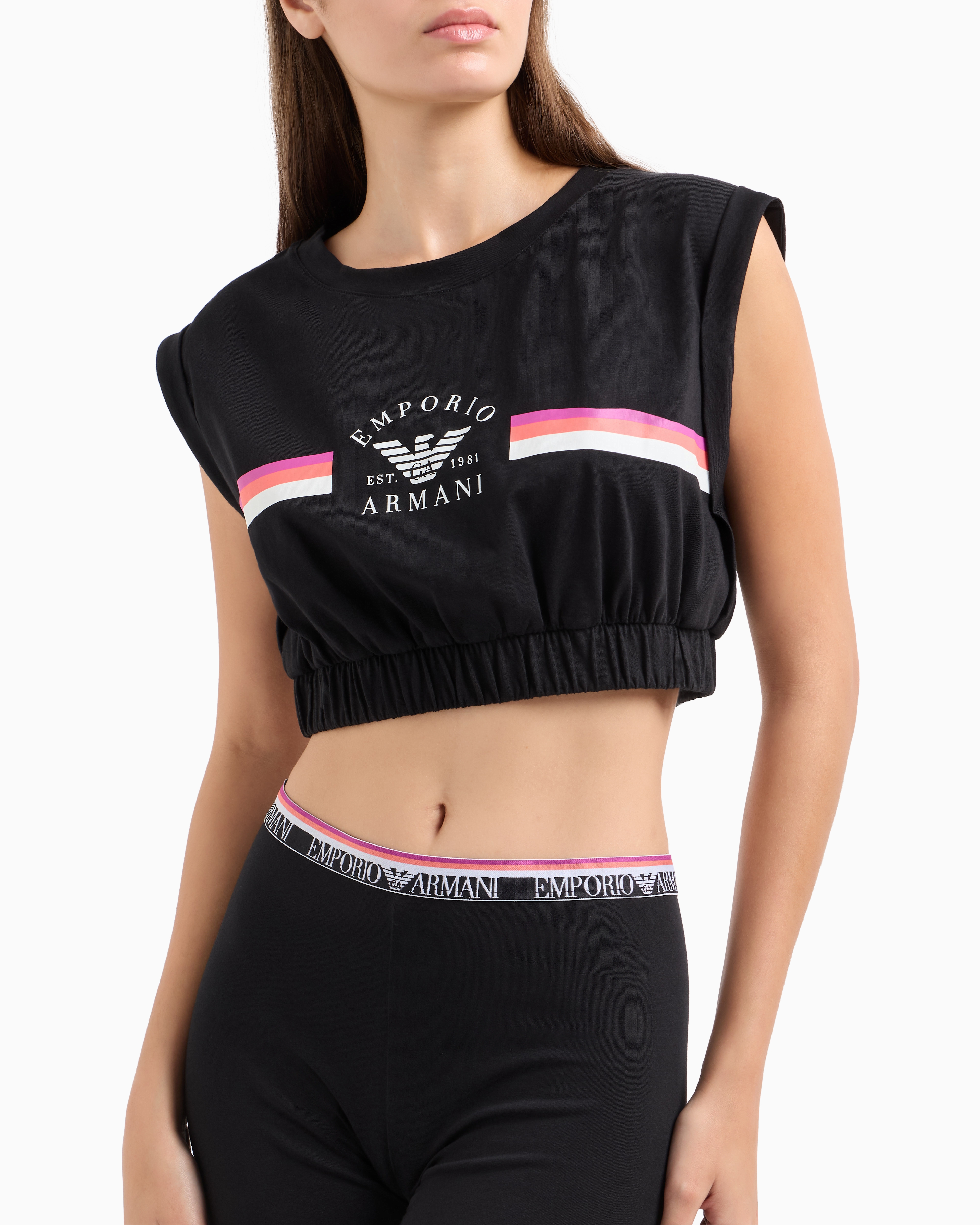 Emporio Armani Asv Iconic Organic-cotton Loungewear Crop Top With Logo Band