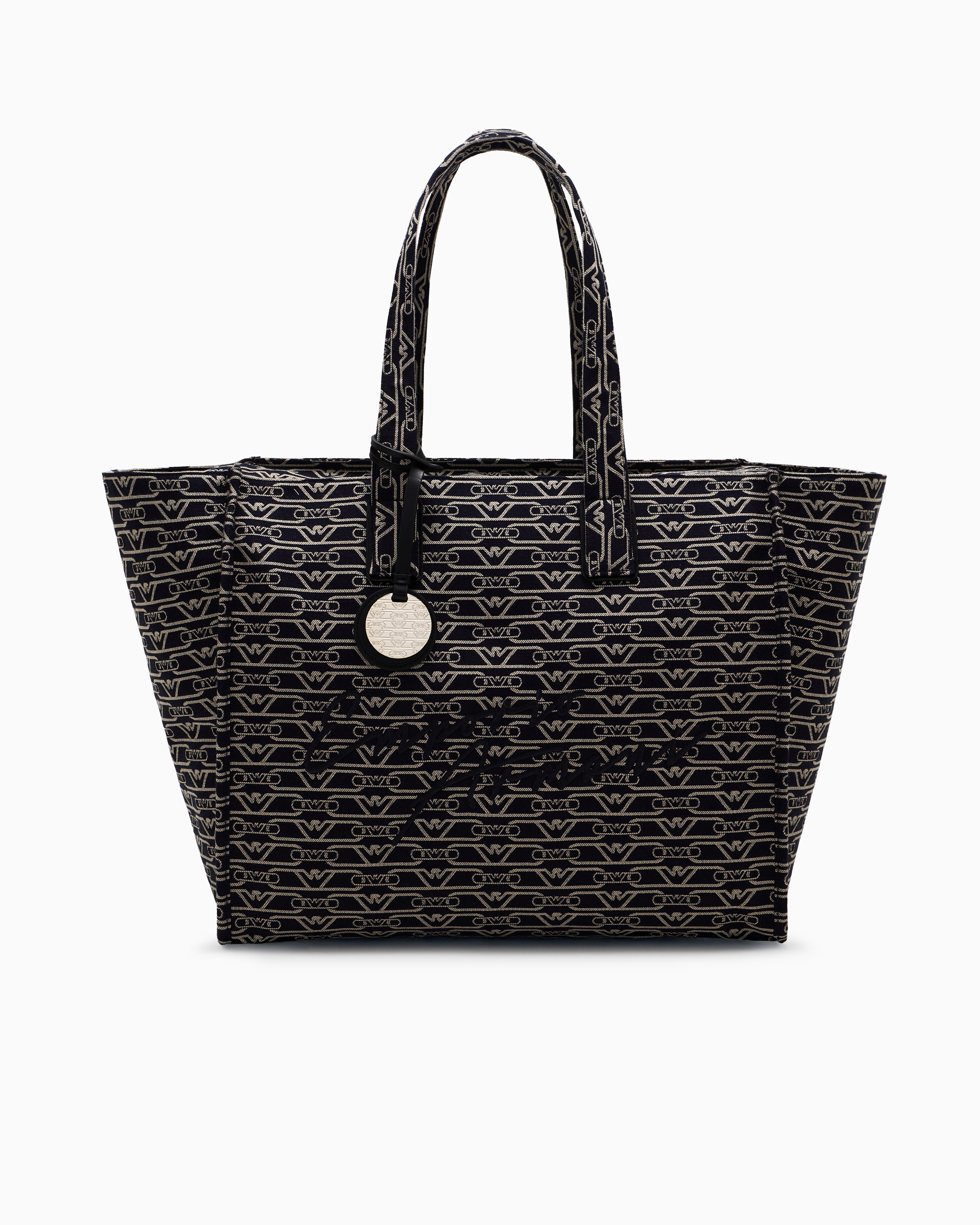 Emporio Armani Large Shopper Bag In Jacquard Canvas With All-over Monogram In Blue