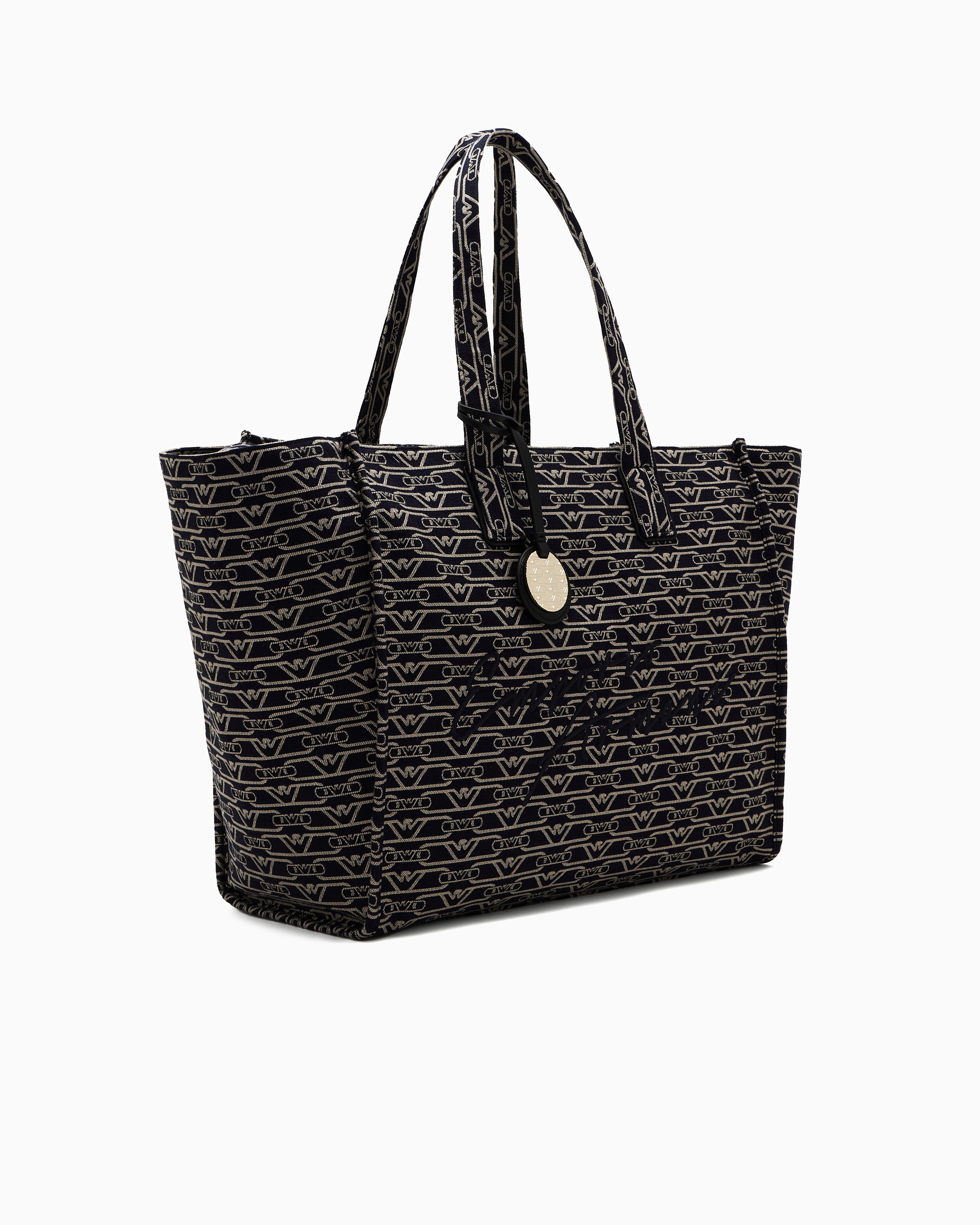 Emporio Armani Large Shopper Bag In Jacquard Canvas With All-over Monogram In Blue