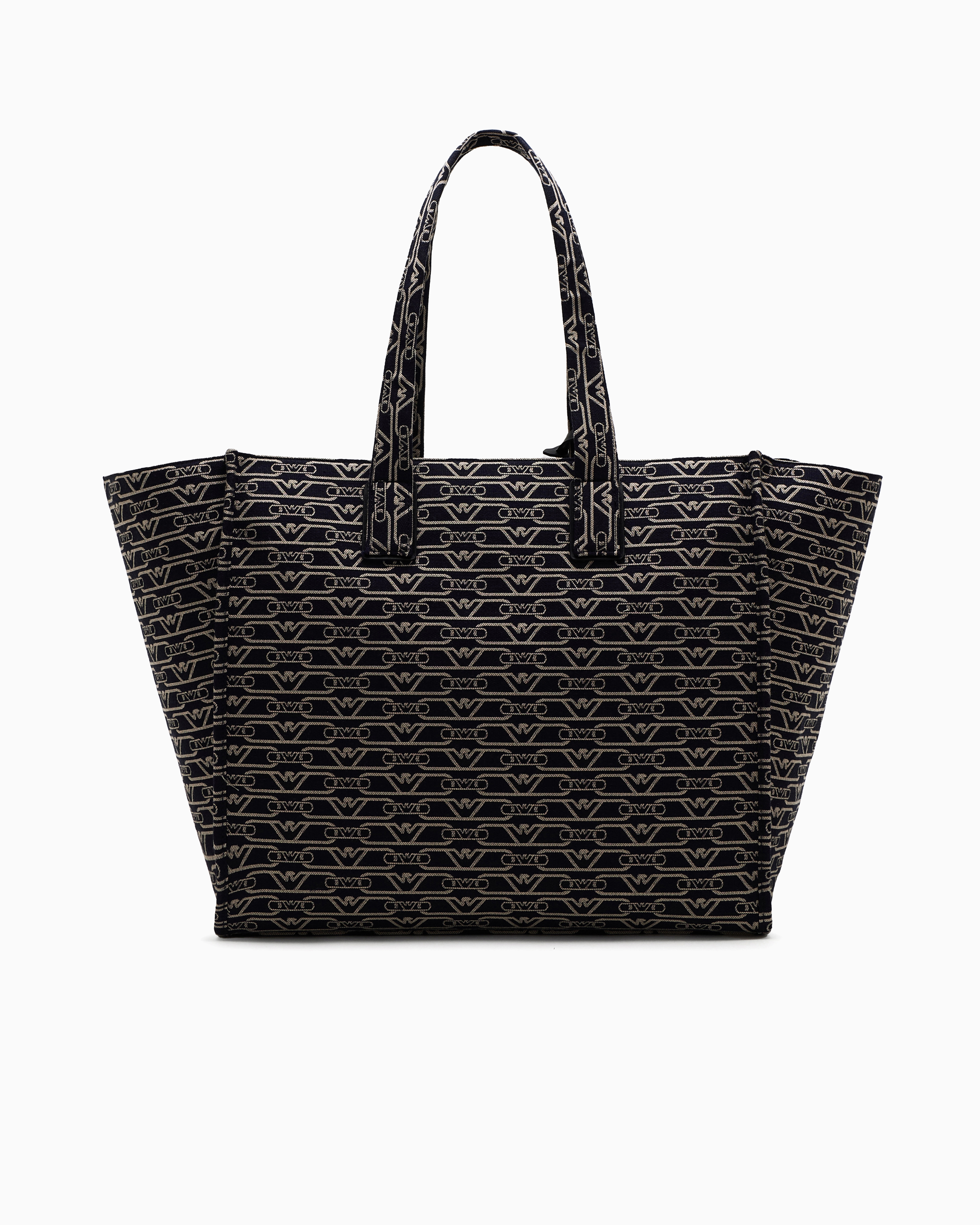 Emporio Armani Large Shopper Bag In Jacquard Canvas With All-over Monogram In Blue