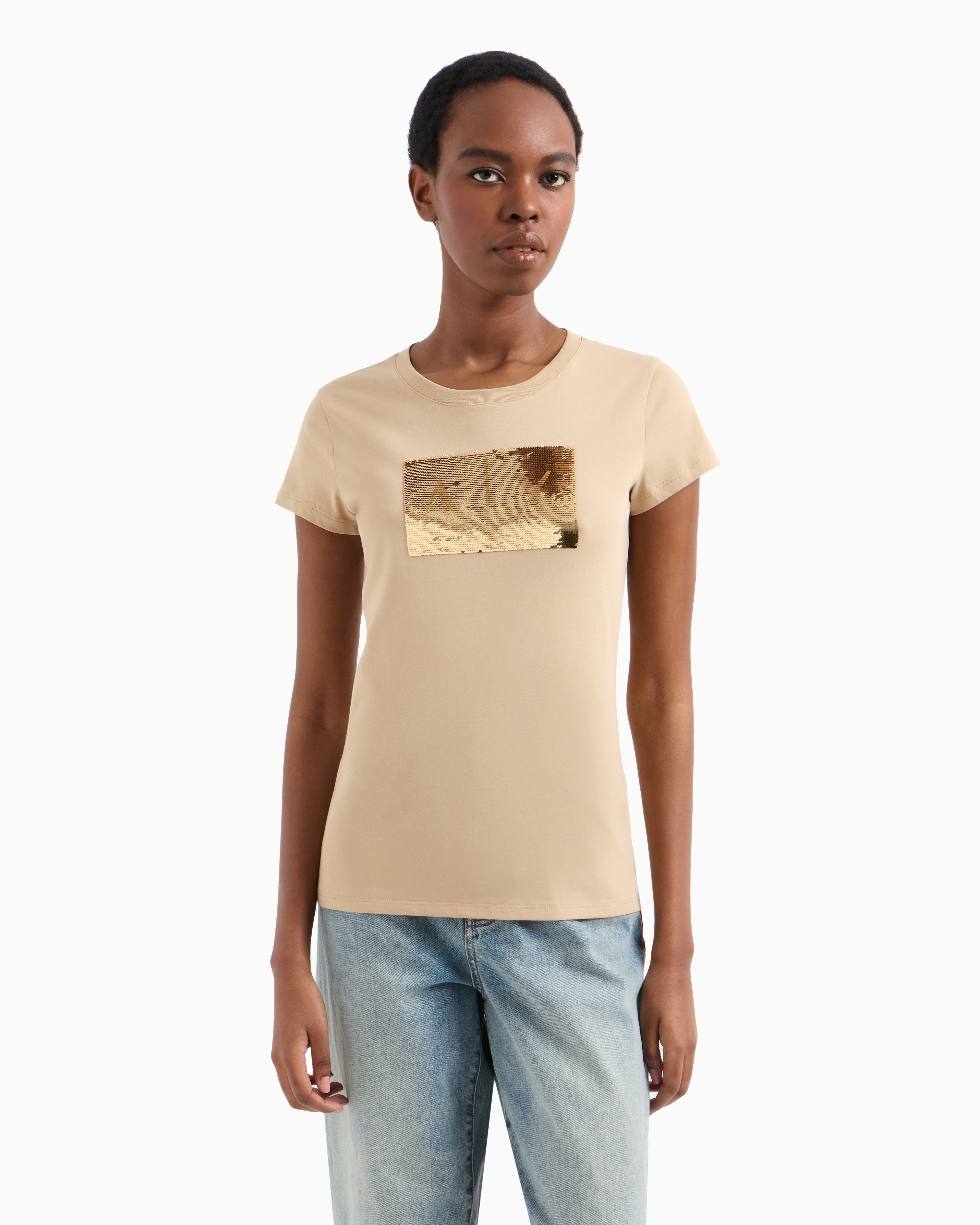 Armani Exchange - Slim fit T-shirt stretch cotton jersey, Woman, Camel, Size: