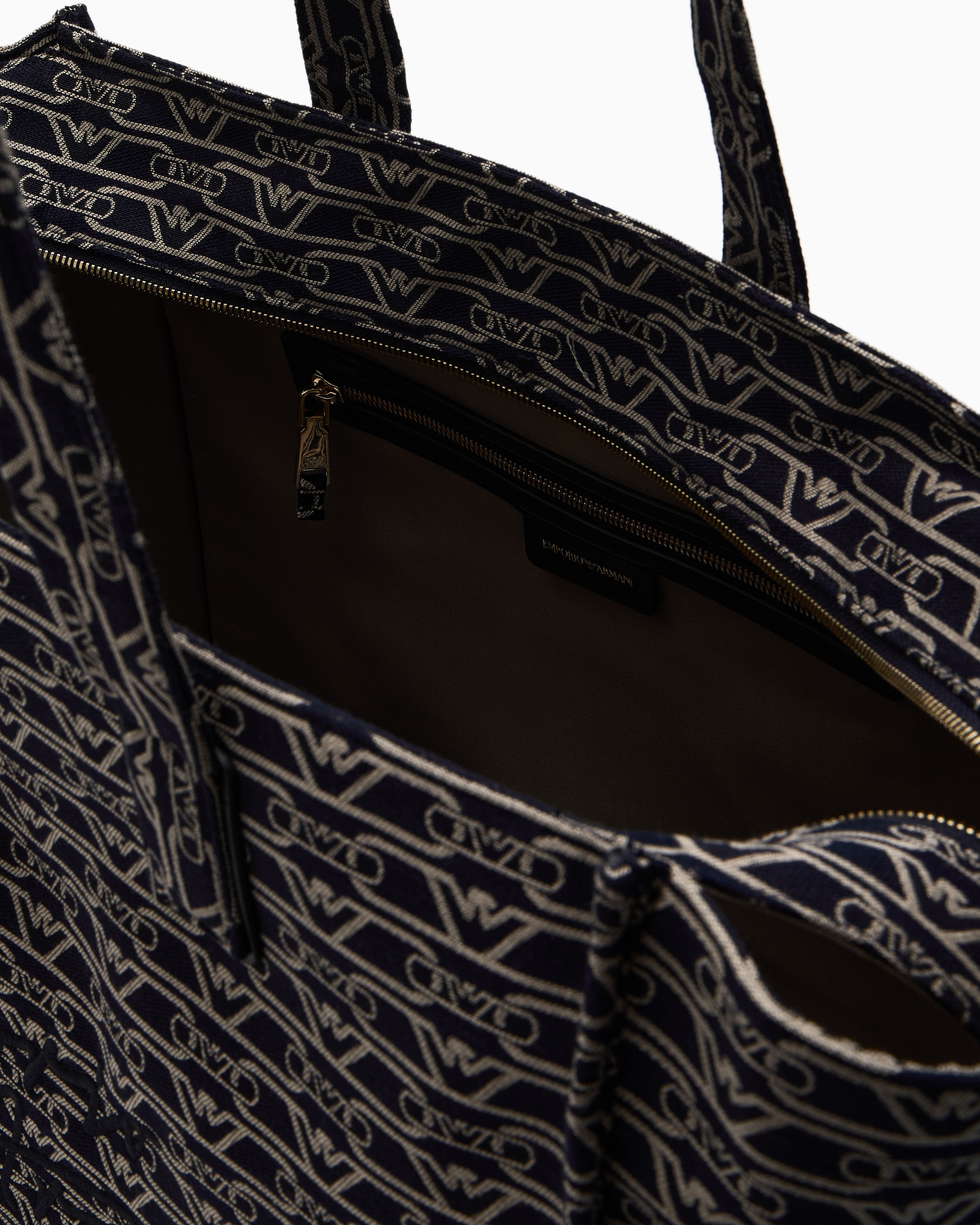 Emporio Armani Large Shopper Bag In Jacquard Canvas With All-over Monogram In Blue