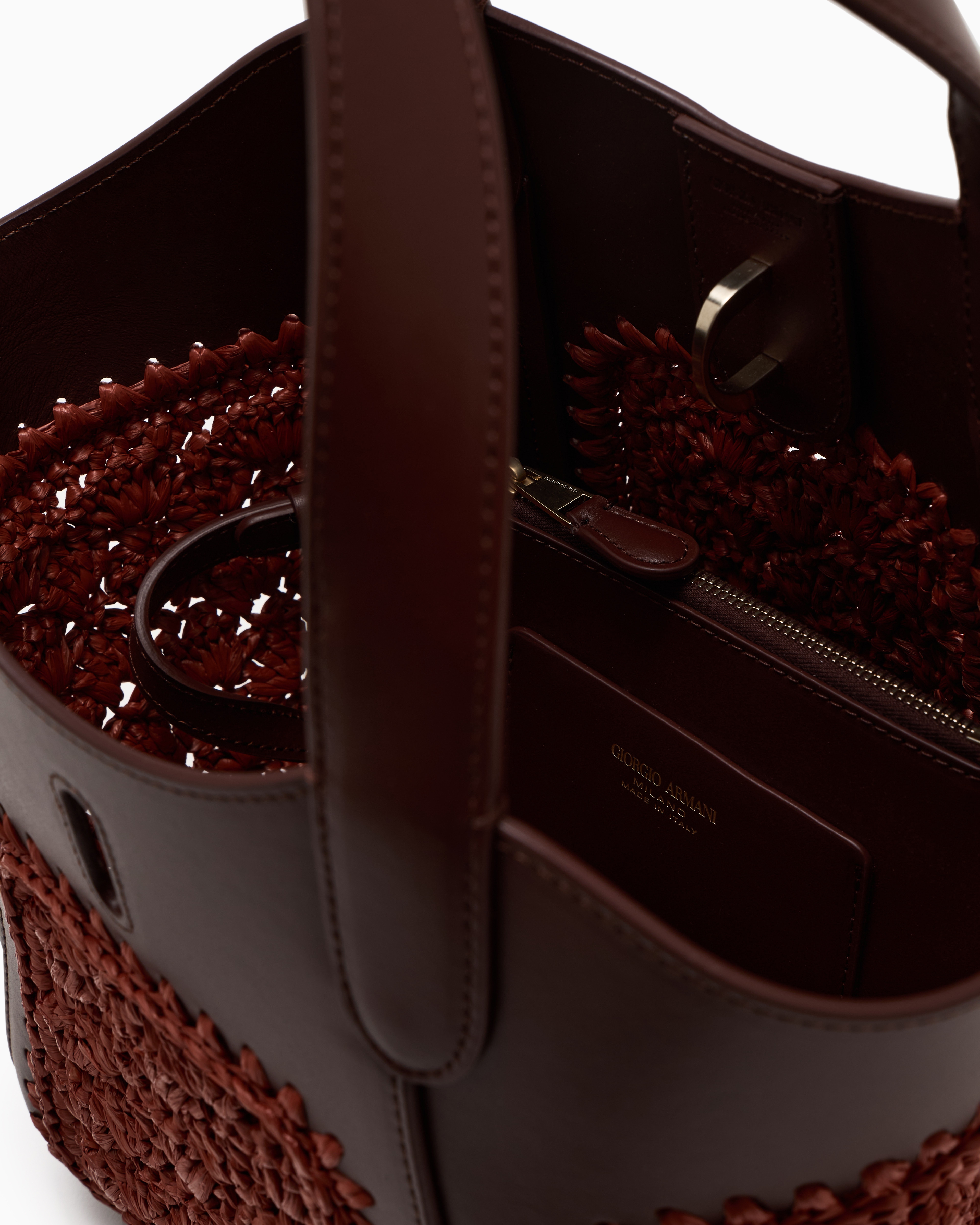 Giorgio Armani Small Handbag In Leather And Fan-stitch Raffia