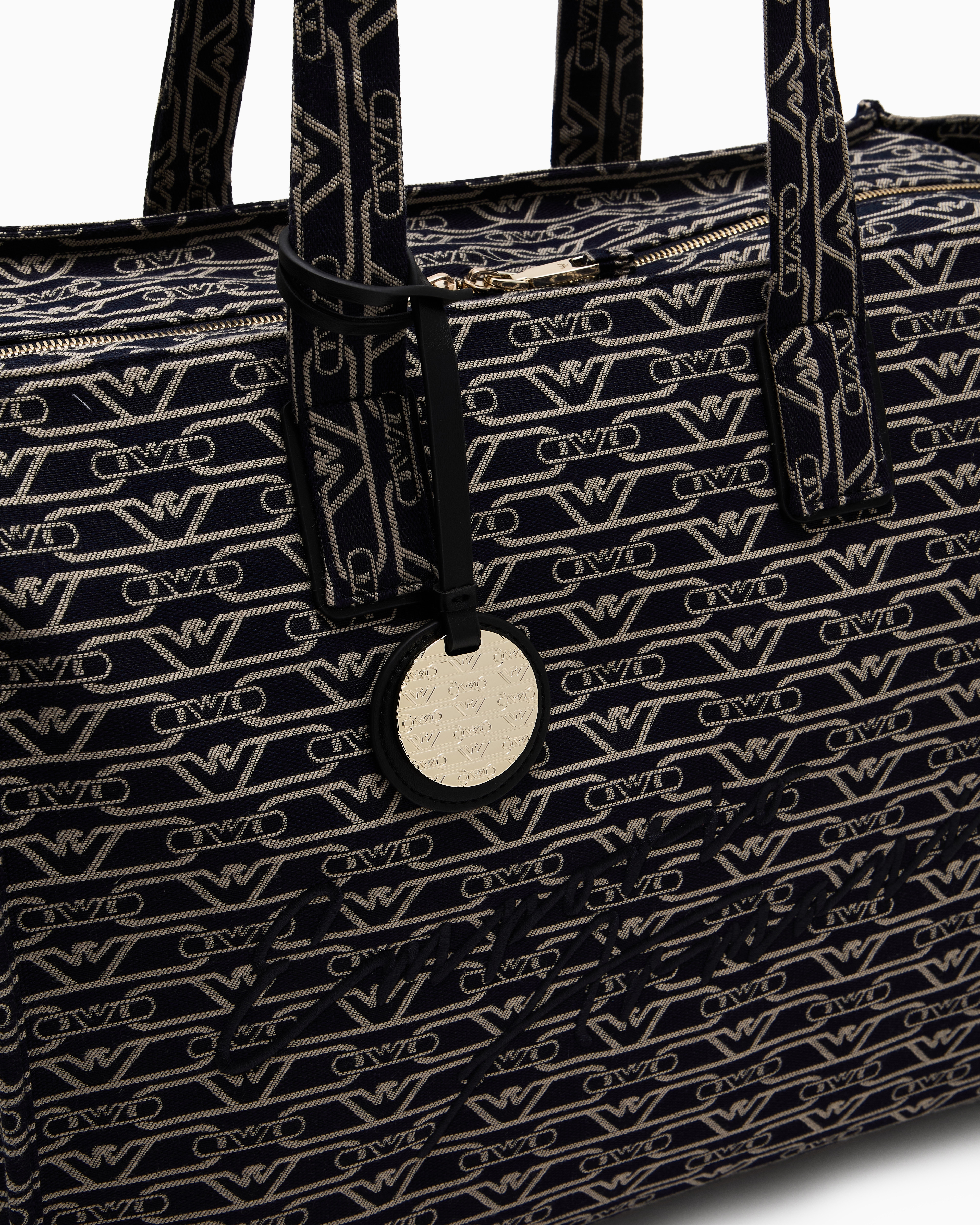 Emporio Armani Large Shopper Bag In Jacquard Canvas With All-over Monogram In Blue