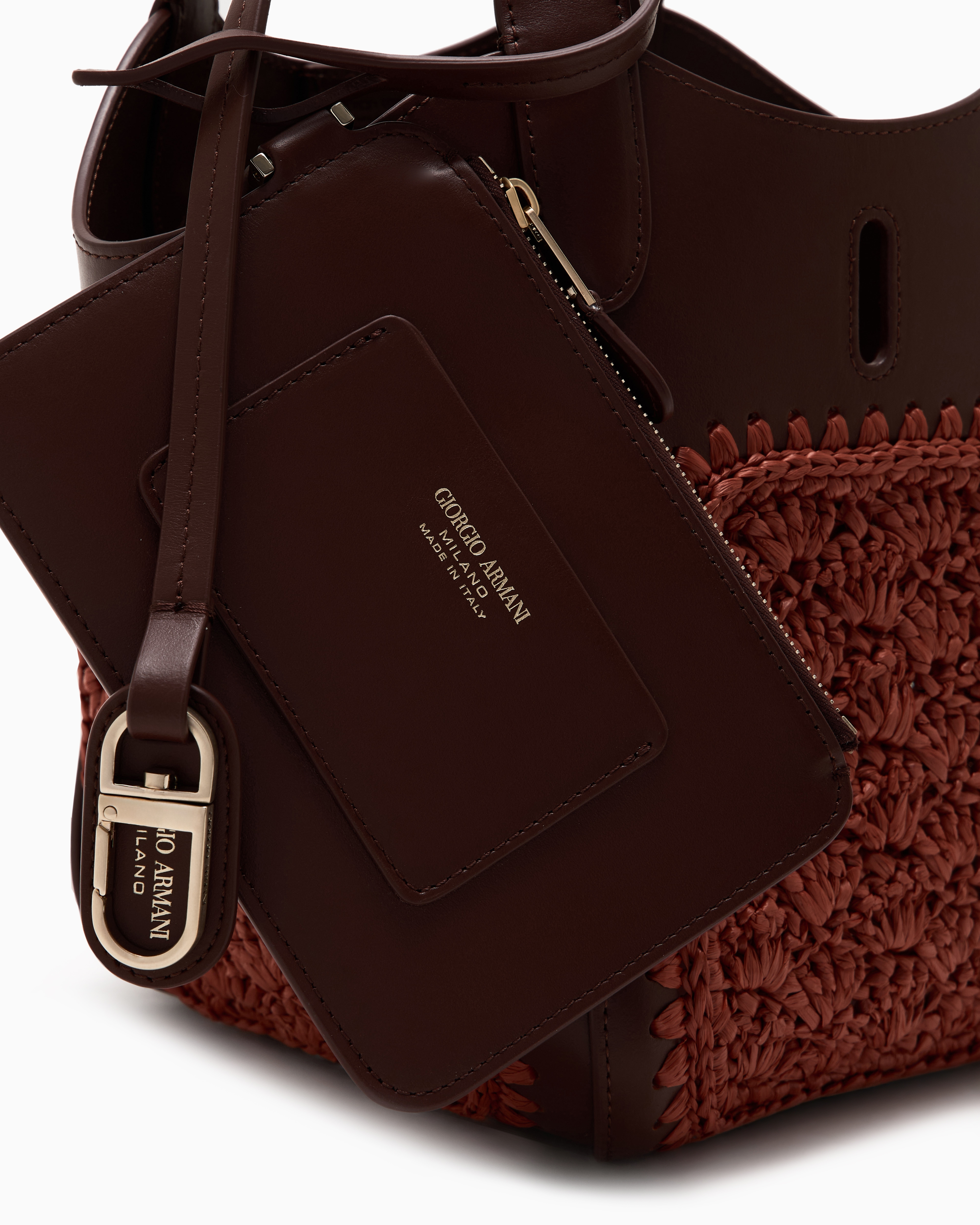 Giorgio Armani Small Handbag In Leather And Fan-stitch Raffia
