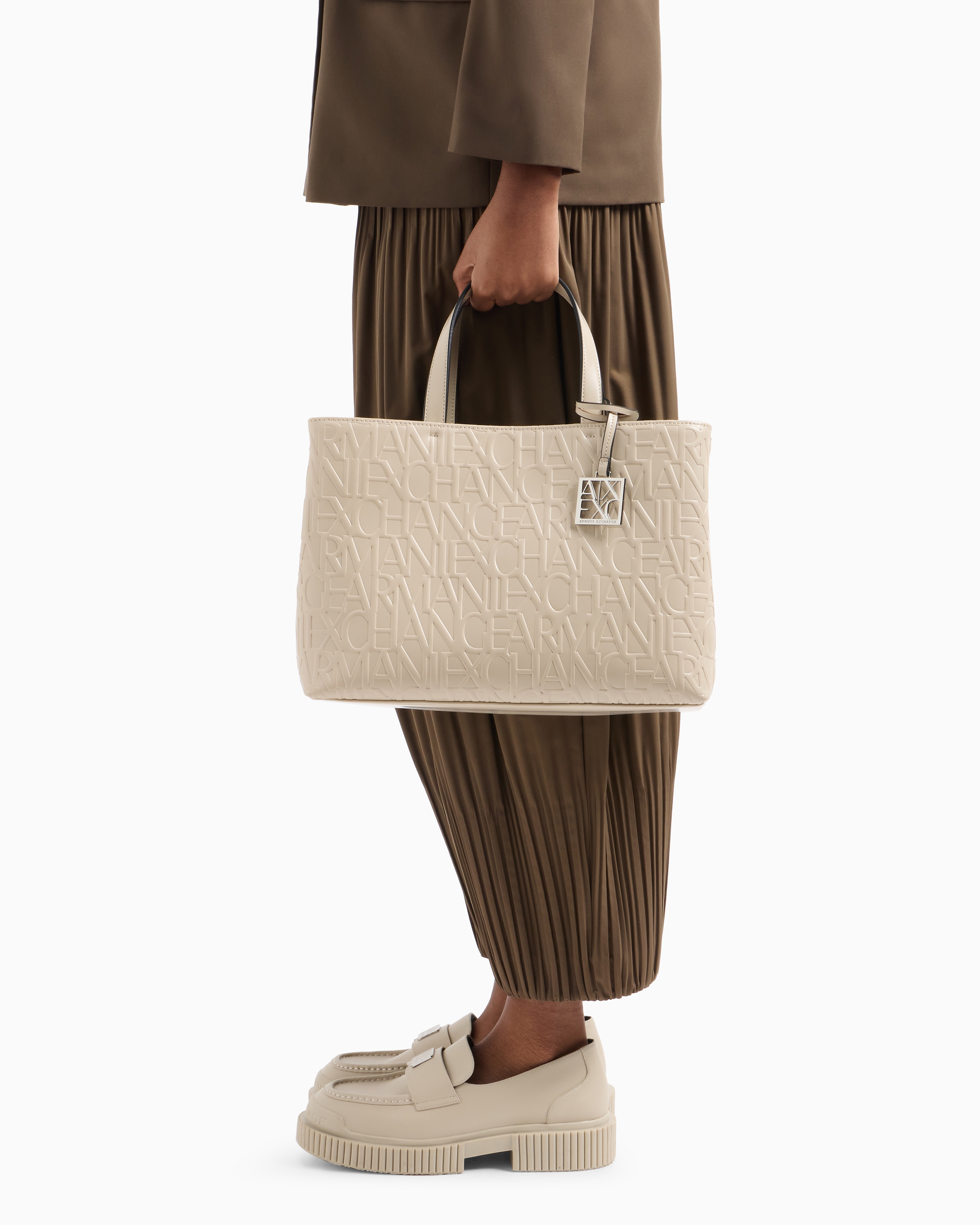 Armani Exchange - Medium shopper with handles and shoulder strap, Woman, Beige, Size: TU