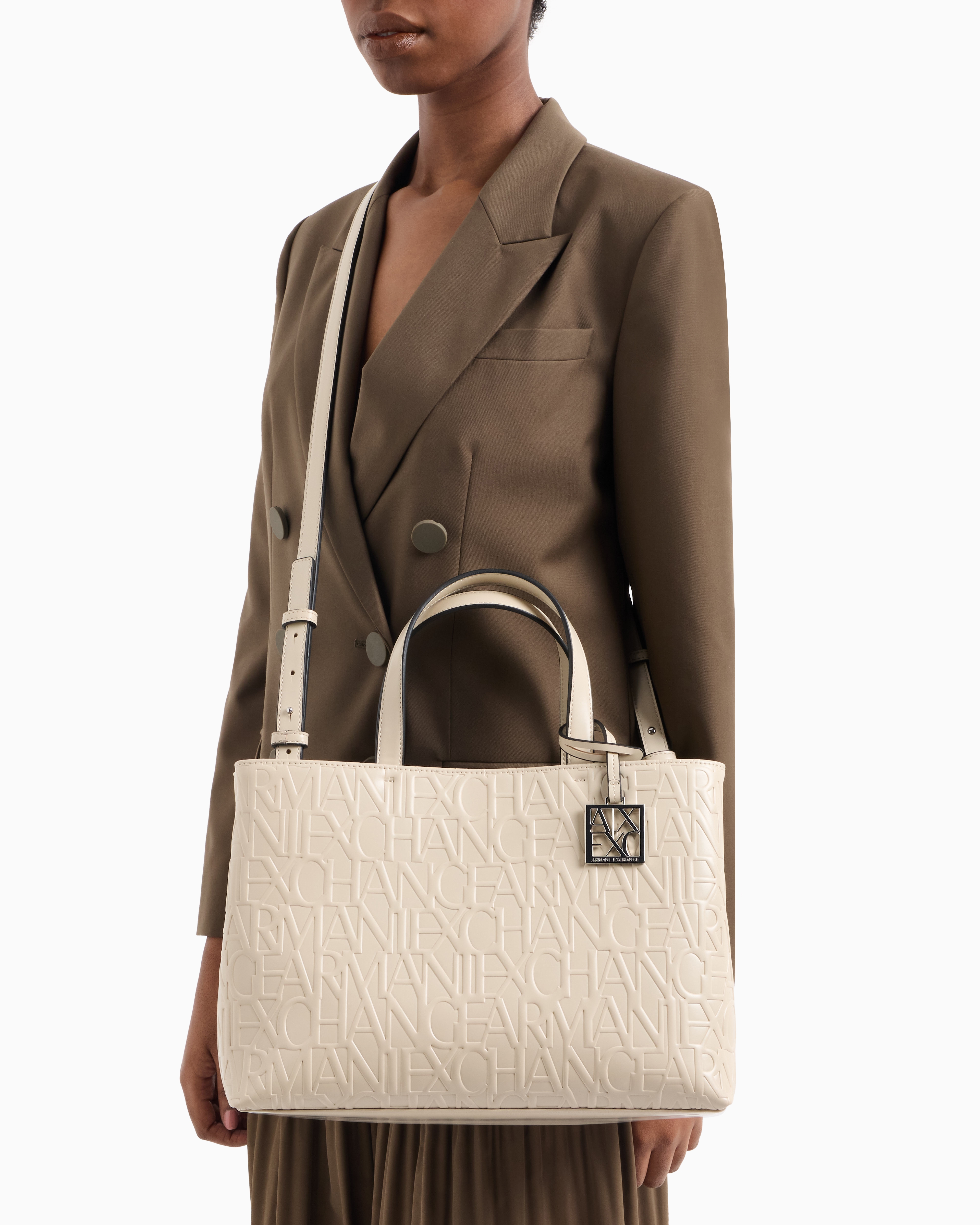 Armani Exchange - Medium shopper with handles and shoulder strap, Woman, Beige, Size: TU